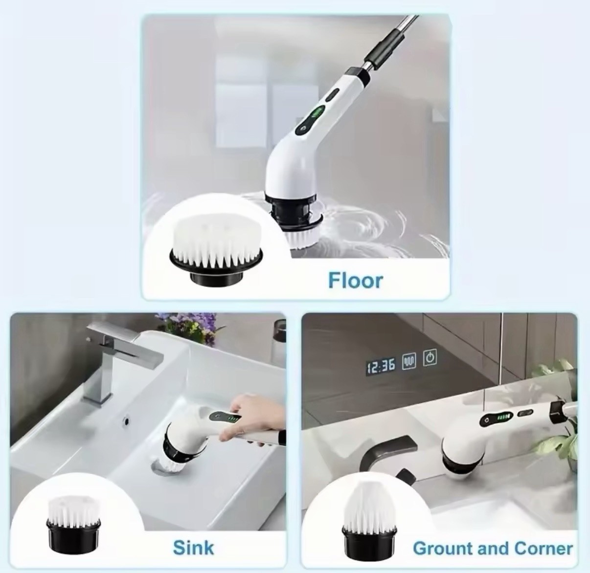 Rechargeable Electric Scrub Brush Kit, 8 Attachments, Adjustable Handle, White