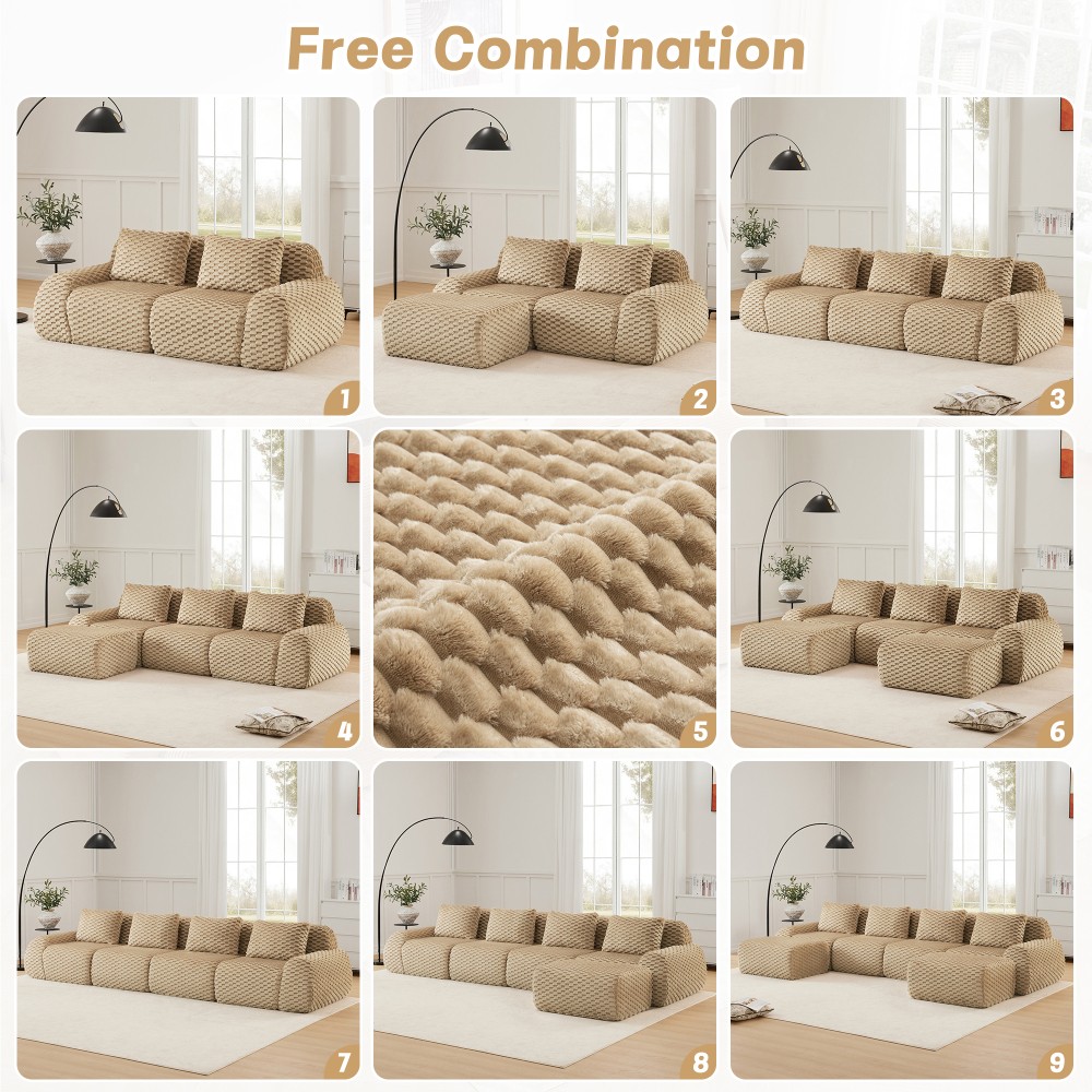 146" Modular Sectional Sofa w/ Flannelette Fabric, 4-Seater, Light Camel