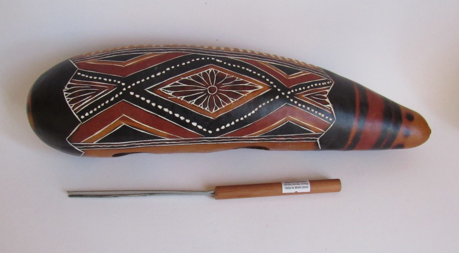 Unique Peruvian Guiro Instrument With Scraper Natural Shape 12"H