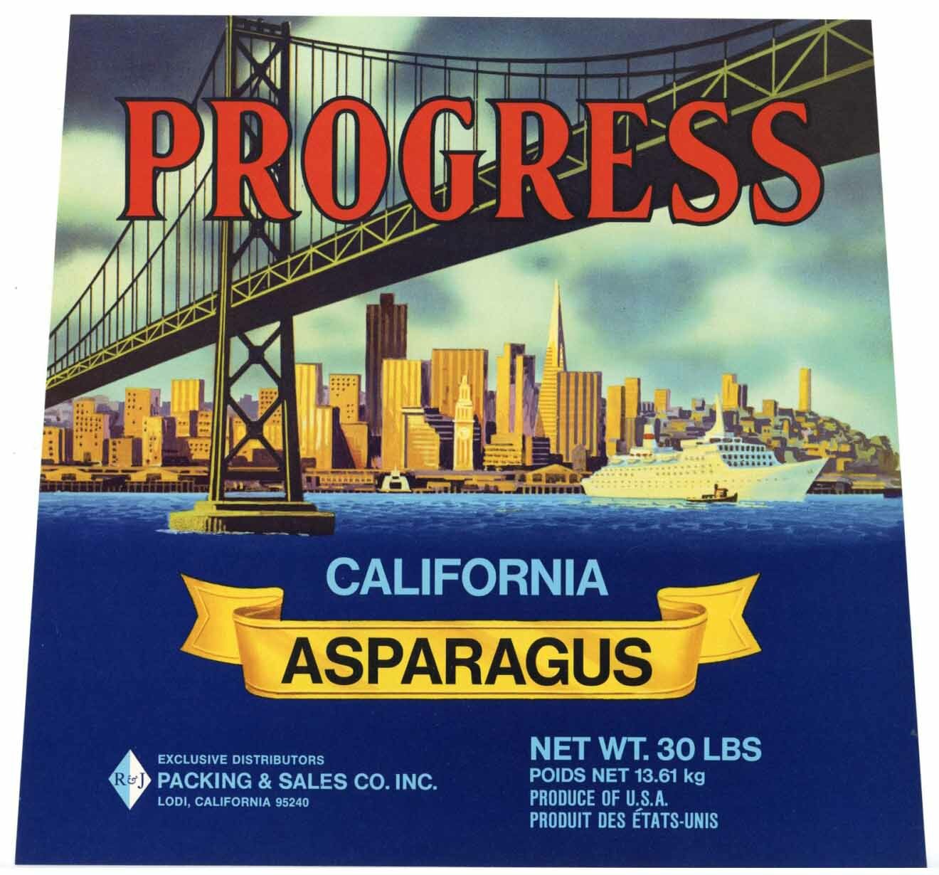 PROGRESS Vintage Lodi CA Asparagus Crate Label, Bay Bridge, *AN ORIGINAL LABEL*
