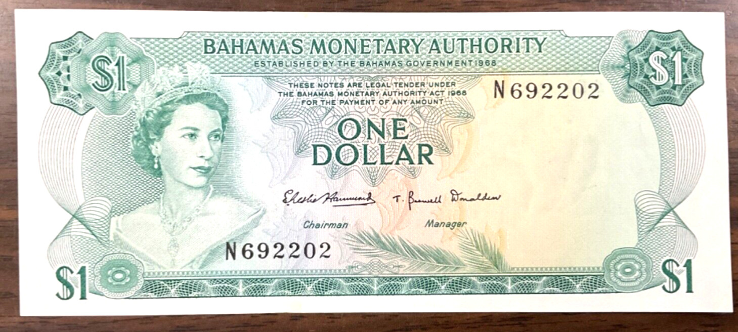1968 Bahamas Monetary Authority Banknote - 1 Dollar Note  P-27a. QE2.
