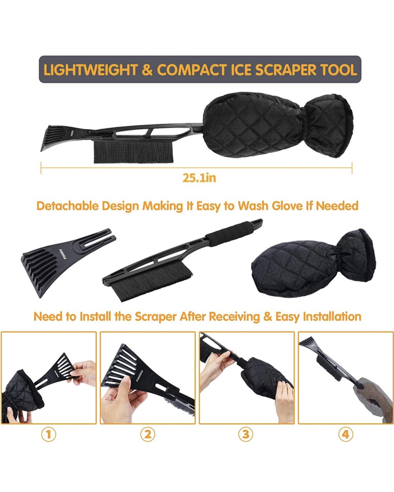 2 Pack Ice Scraper Mitt Car Windshield Brush Snow Remover Christmas Gift