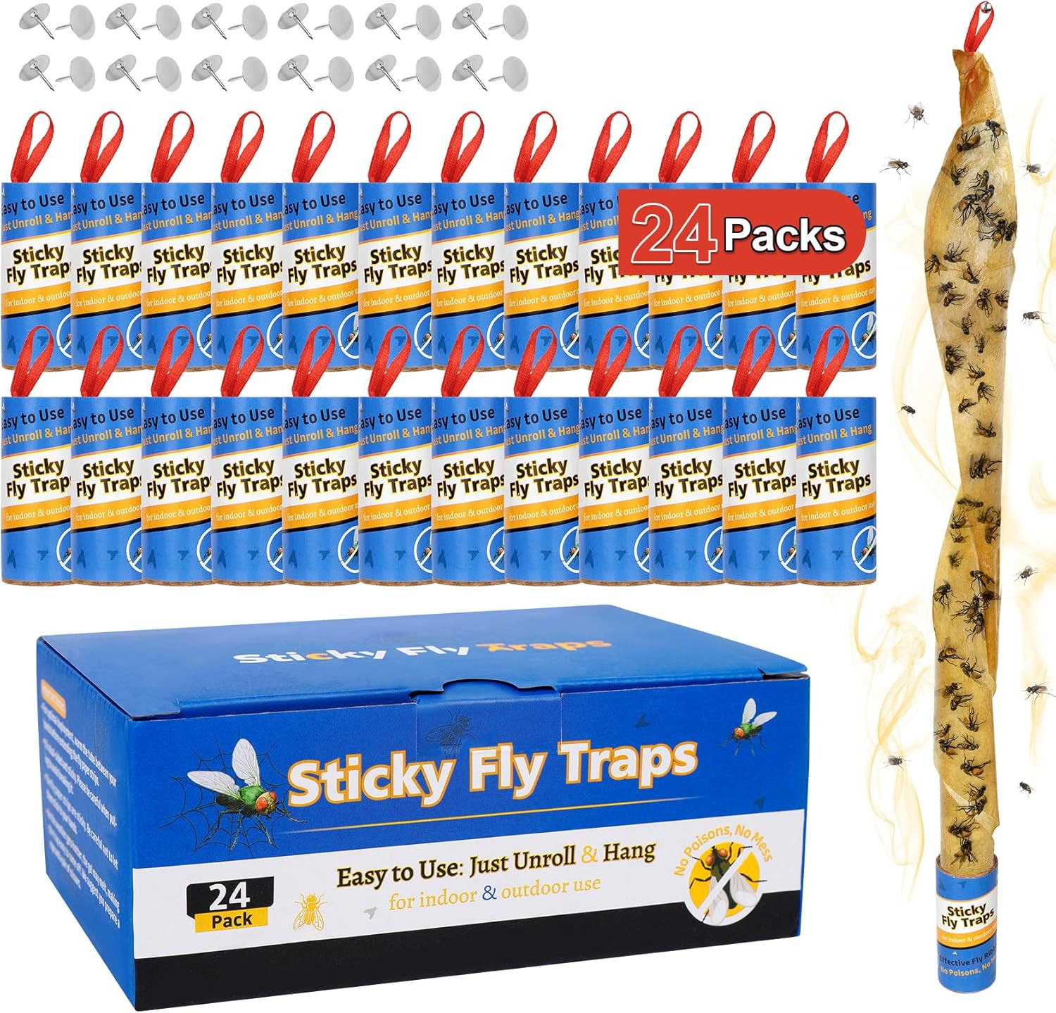 24 Pack Fly Paper Sticky Traps Hanging Ribbon Indoor Outdoor Gnat Catcher