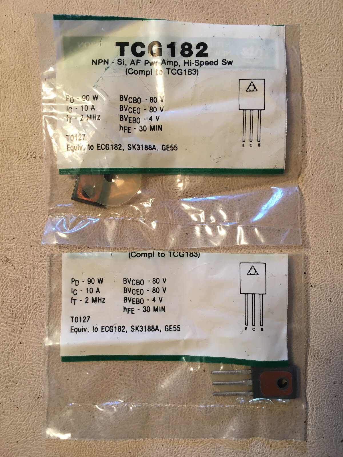Two TCG182 NPN-Si, AF Power Amp, Hi-Speed Transistors,  NOS
