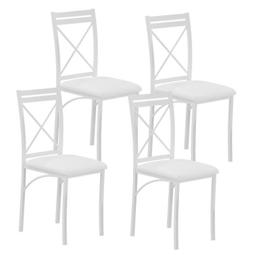 Metal Dining Chairs Set of 4, Steel Legs and PU Leather Cushion Seats White