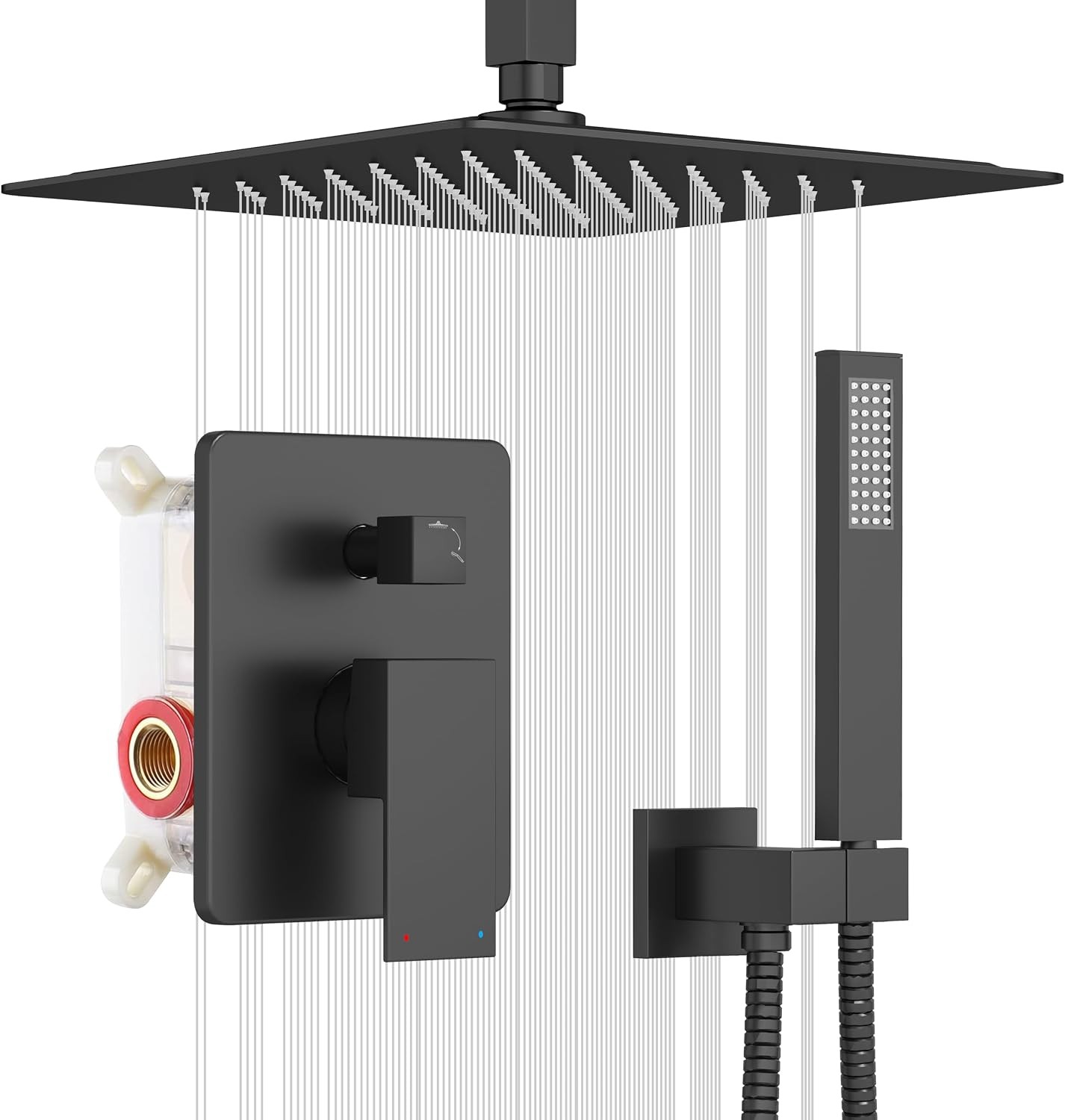 ESNBIA Shower System Black, All Metal Ceiling Shower Faucet Set with Pressure