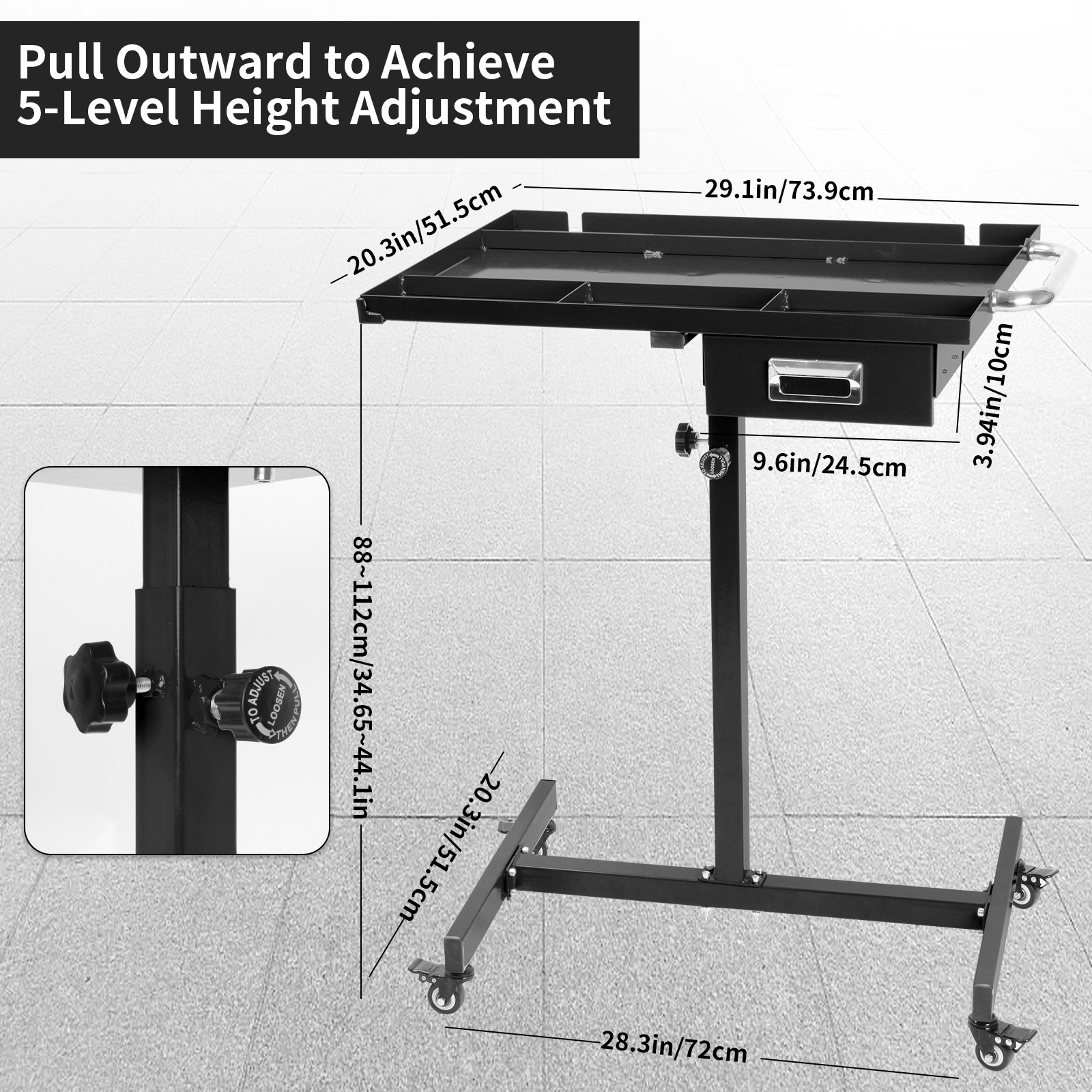 Adjustable Height Rolling Tool Tray,220lbs Capacity Down Work Table with Drawers