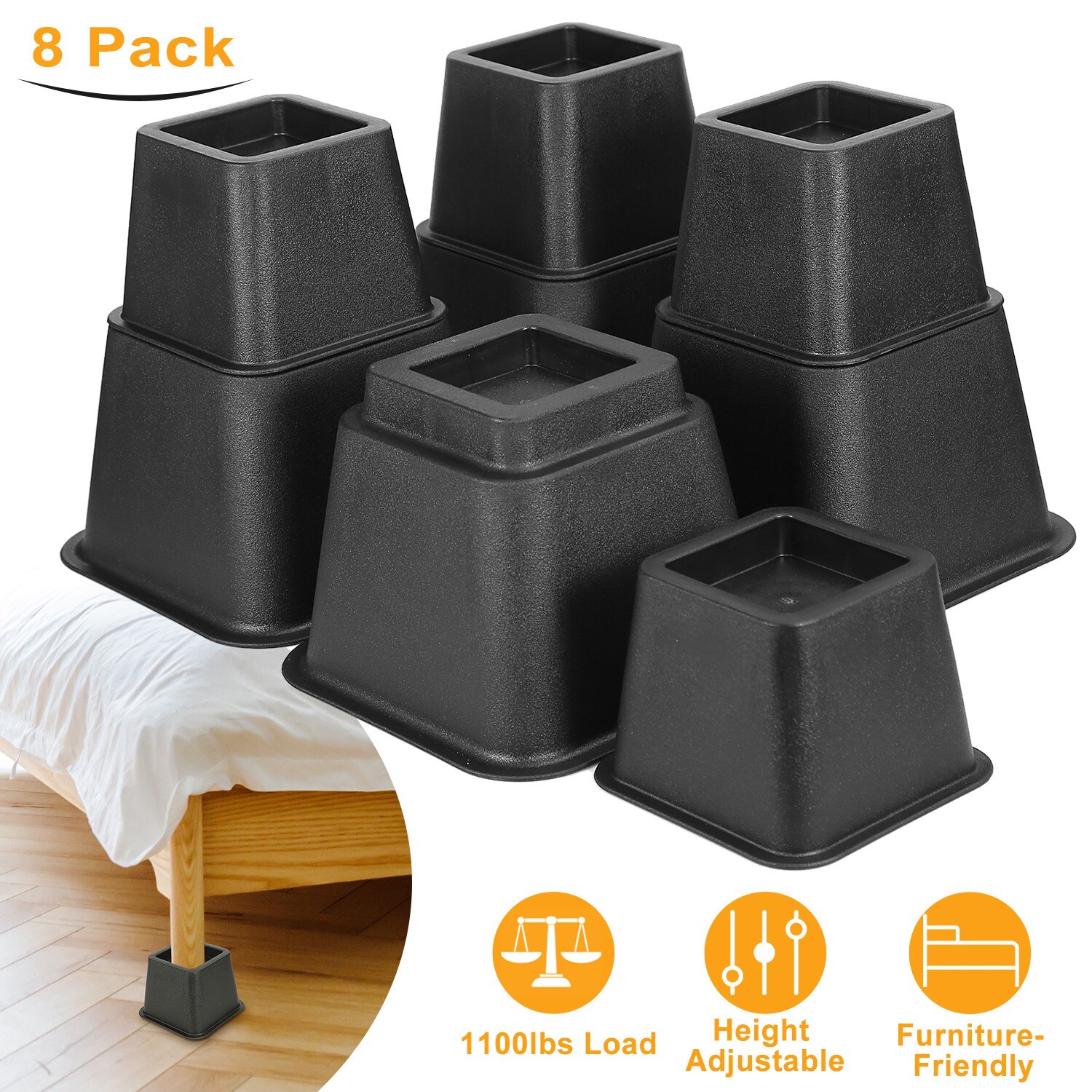 8Pcs Adjustable Bed Risers Furniture Riser, Bed Lifts in Height of 3,5 or 8 inch