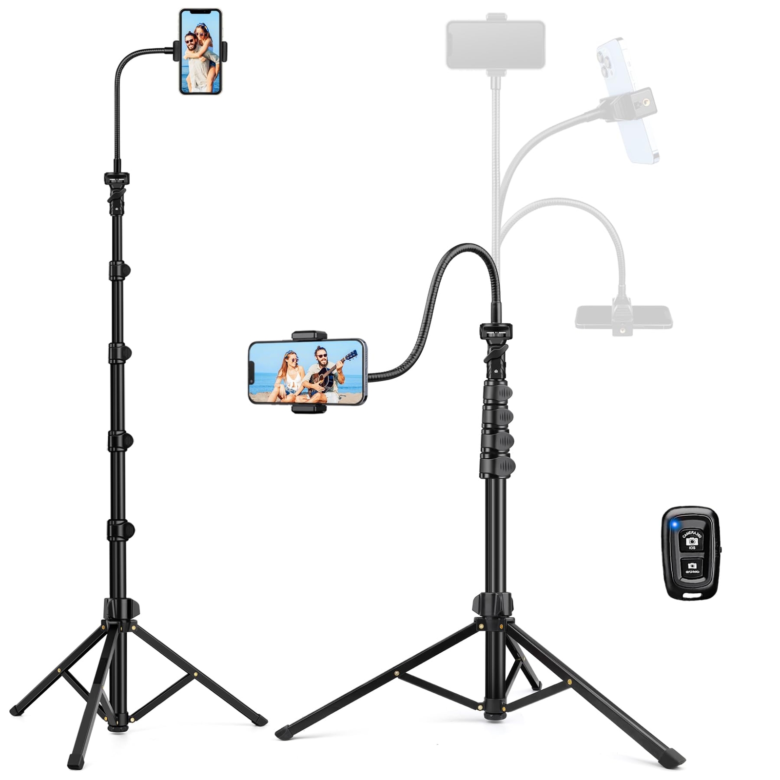 Phone Tripod Stand 85" Tall Cellphone Tripod With Gooseneck Remote Flexible Trip