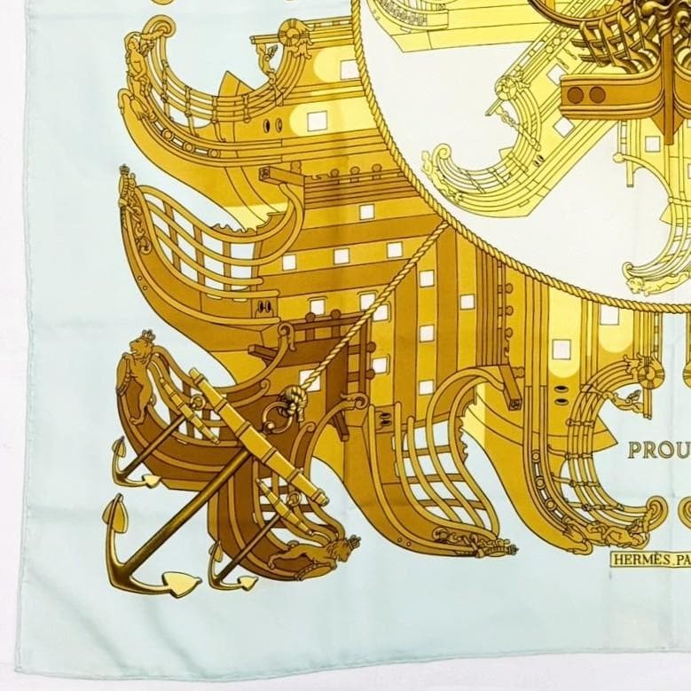 Auth HERMES Scarf Silk 100% Carre 90 PROUES Multicolor Light Blue Yellow Used