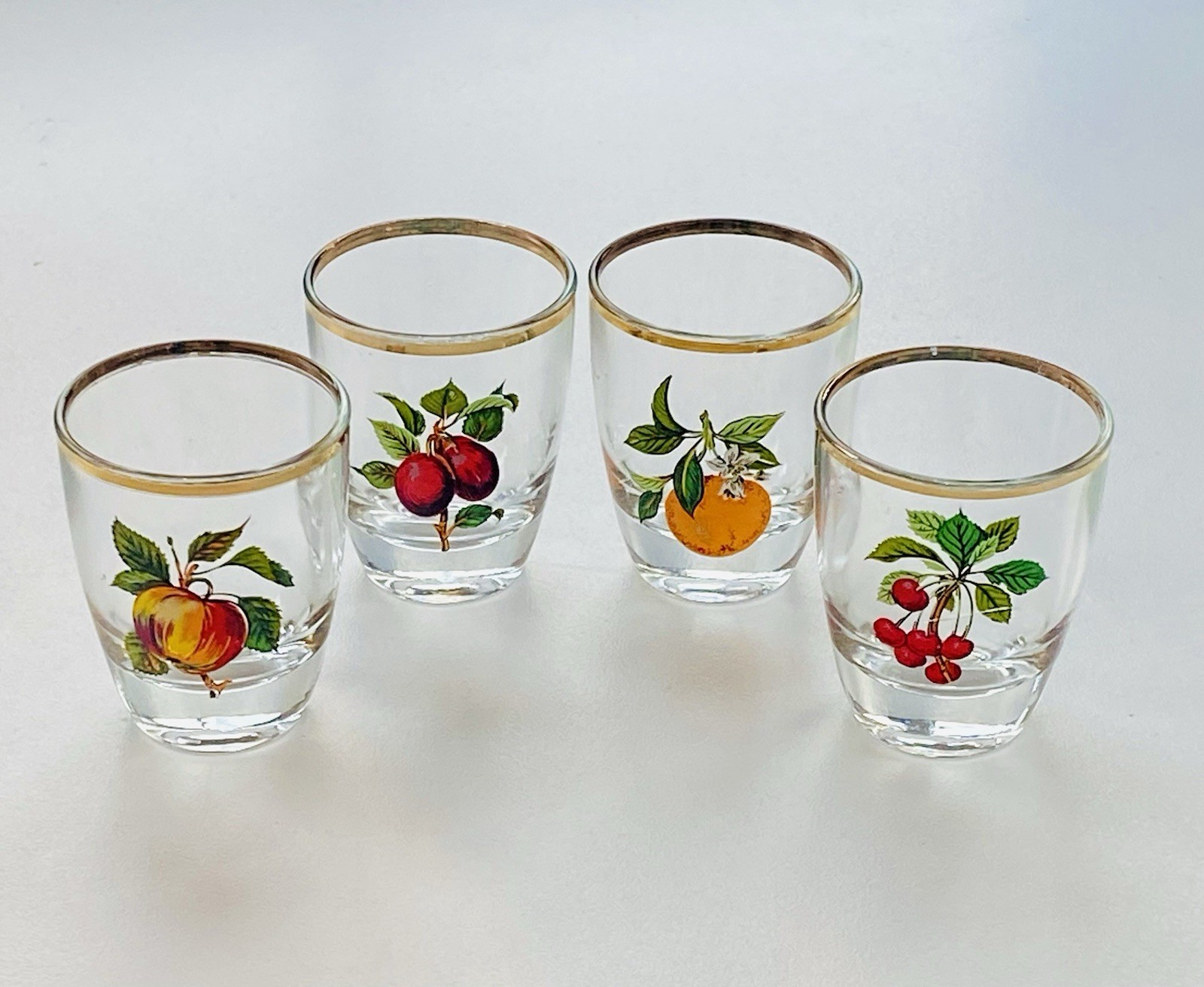 4 Vintage Liquor Shot Glasses Set Made in France Retro Vibe Barware Fruit Design