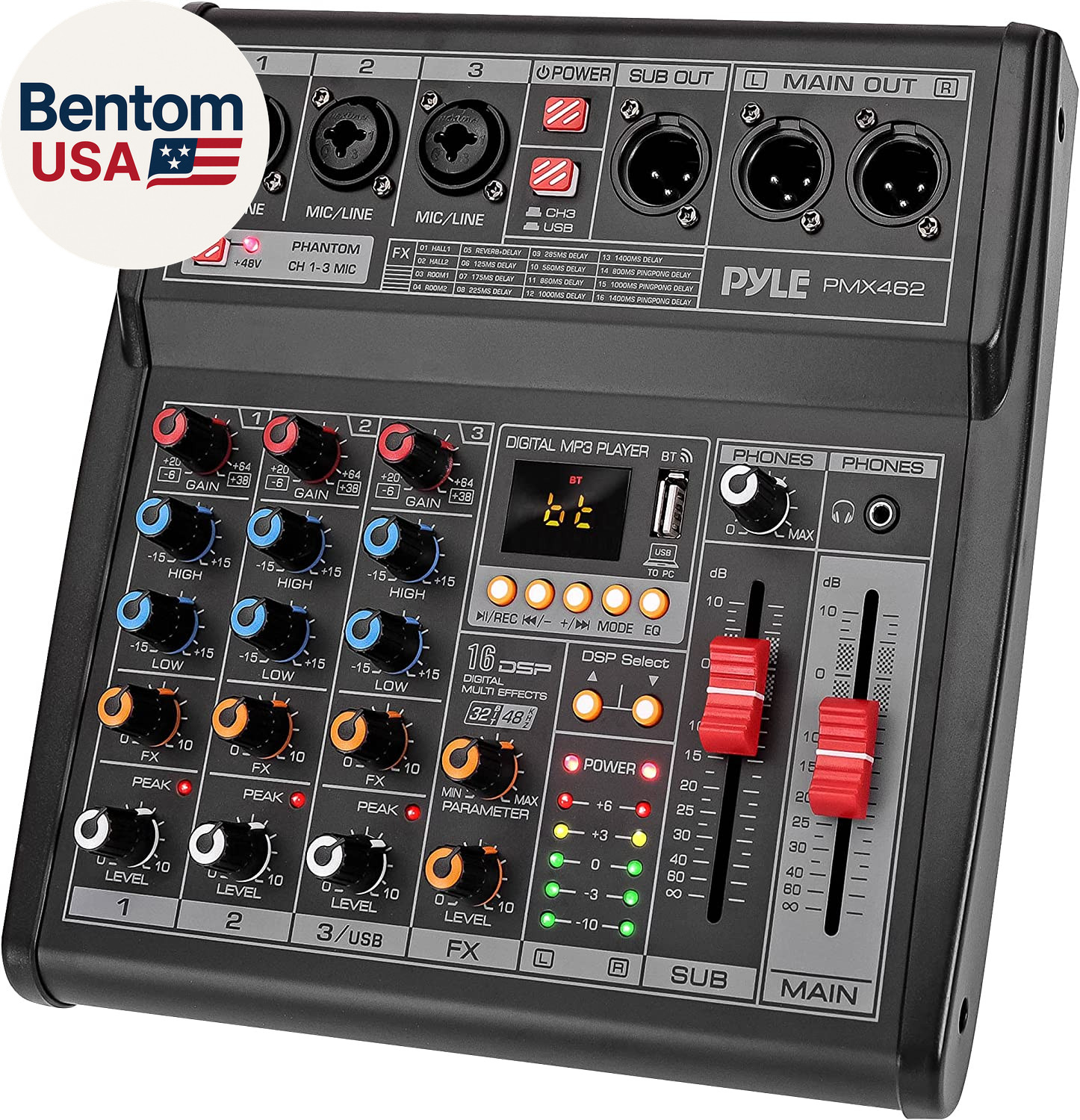 Professional DJ Audio Mixer - 3-Channel Controller with 16 Preset DSP Effects -
