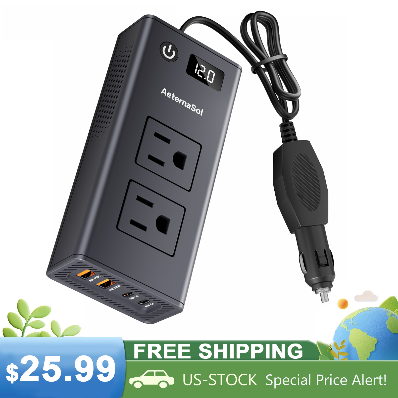 Car Power Inverter 200W with Dual USB and Type-C for Plug Outlet, 12v to 110v US