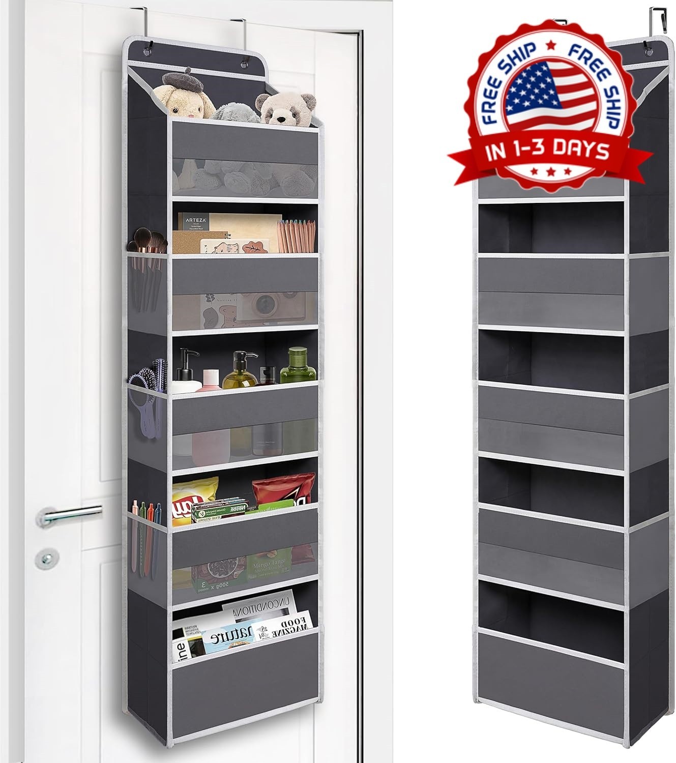 Organizador sobre la Puerta 5 Estantes Colgante Bolsillos Almacenaje Gris Oscu