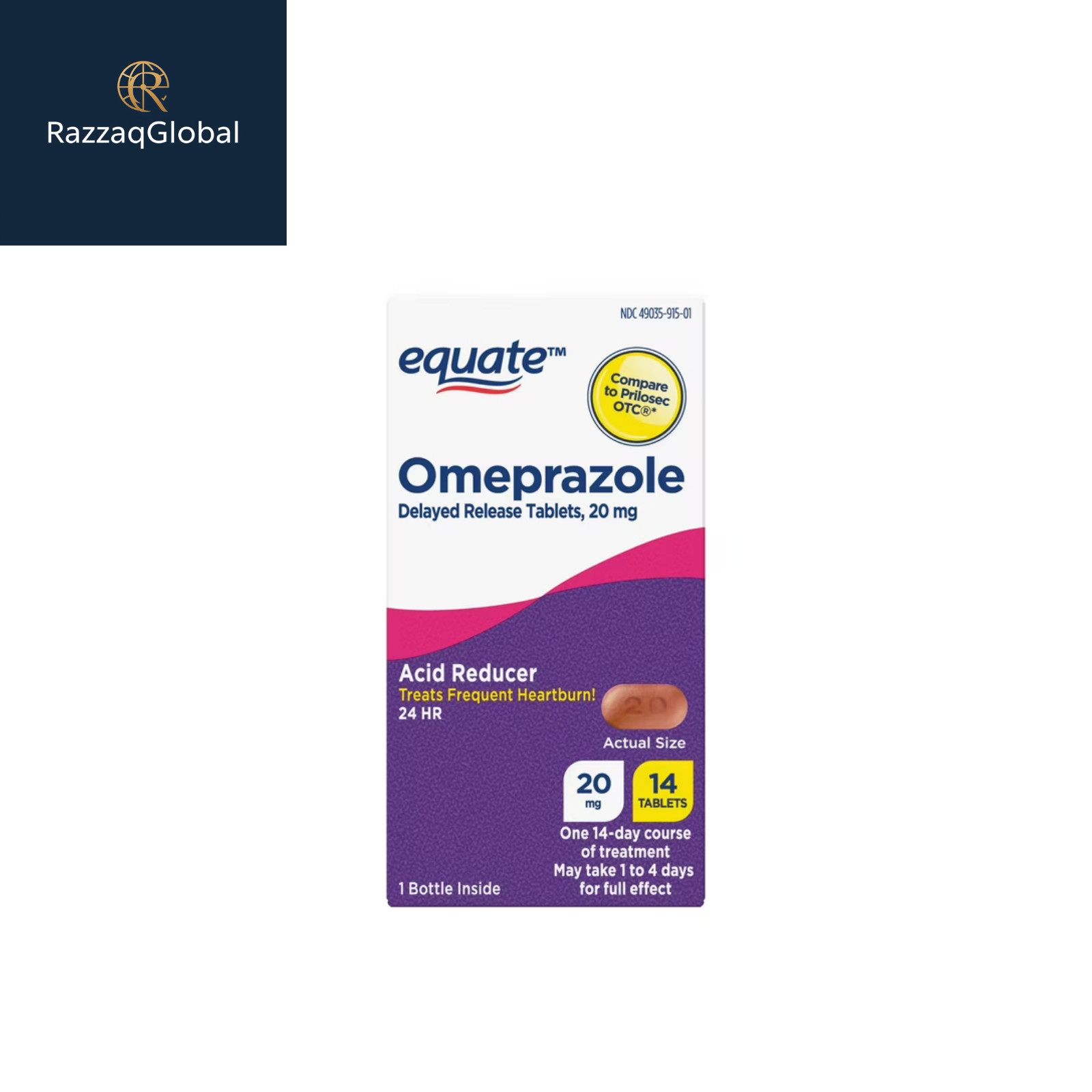 Equate Omeprazole 20 mg Acid Reducer, Heartburn Relief, 14 Ct