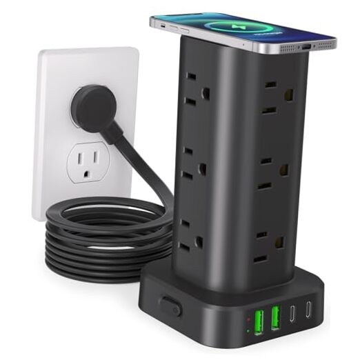 Power Strip Tower with Wireless Charger, Flat 10FT with Wireless Charging Black