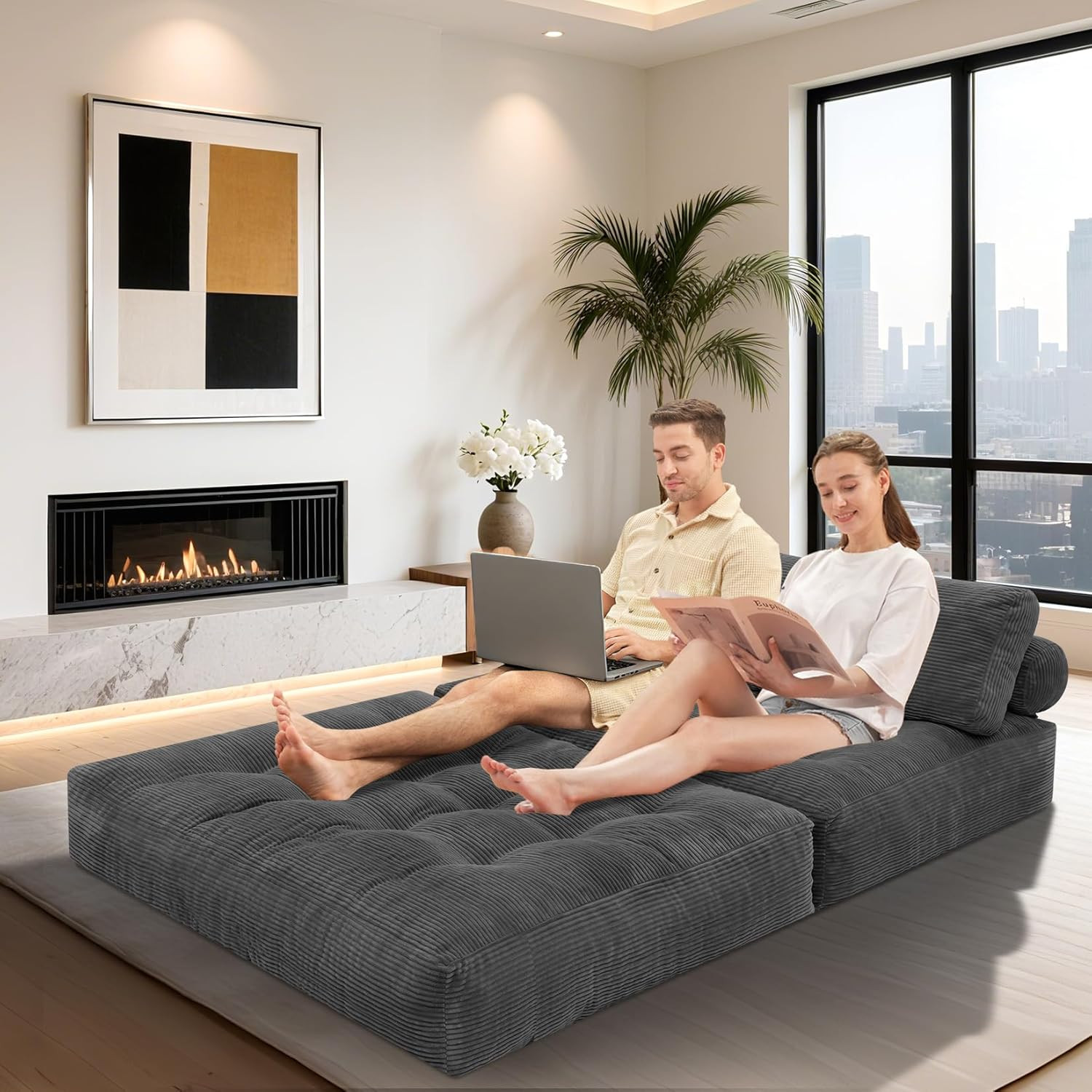 Folding Sofa Bed, Foldable Floor Sofa Lounge W/Dual-Pillow & Handle, Convertible