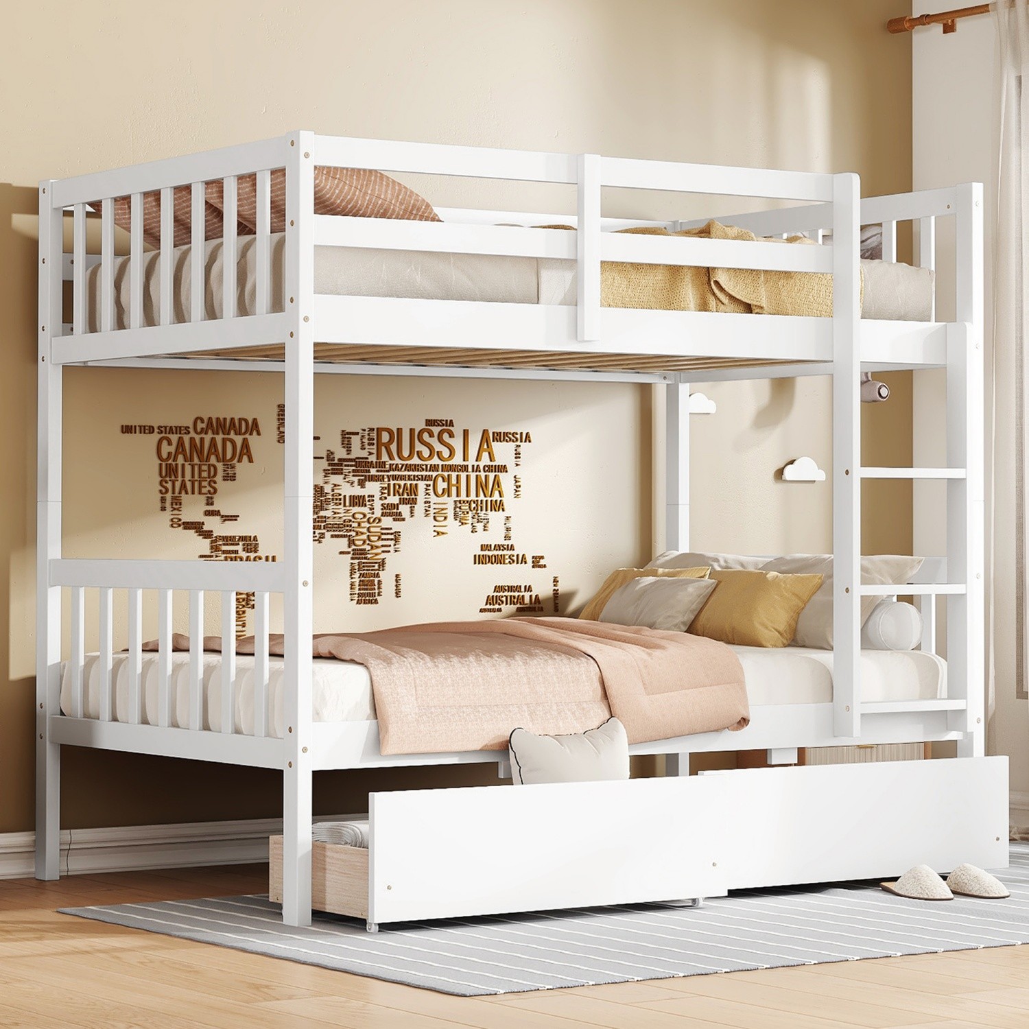 Twin Over Twin Solid Wood Bunk Bed with Ladder & 2 Drawers Convertible to 2 Bed