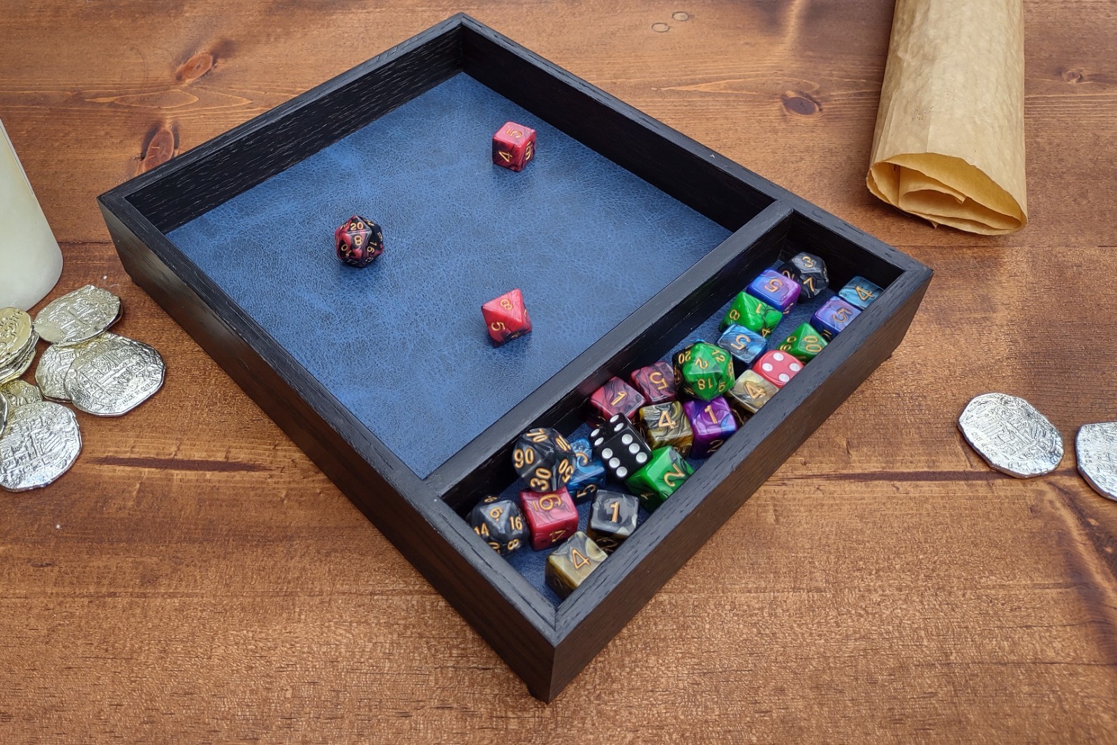 New Handmade Wooden Dice Tray and Storage (Ebony Oak Wood)  Blue FauxLeather