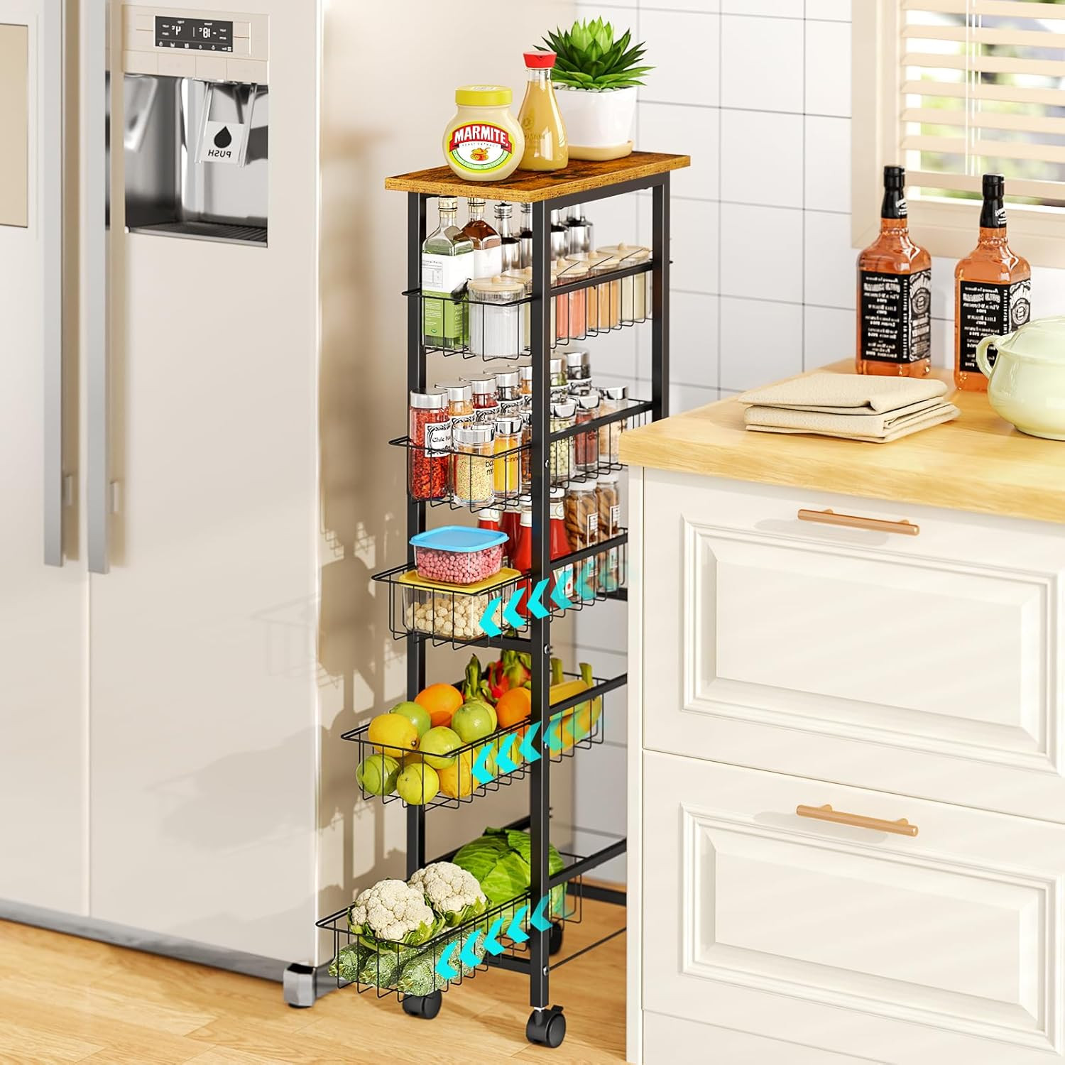 6 Tier Slim Storage Cart with Pull Out Basket, Wooden Top Rolling Kitchen Cart w
