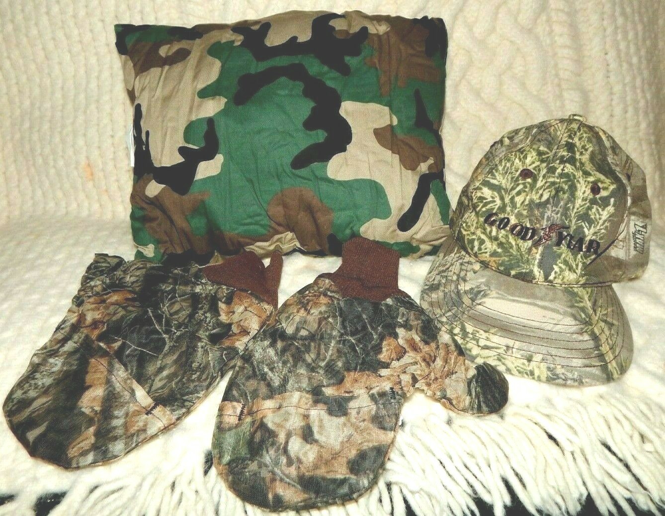 REDUCED!!! Goodyear Camouflage Hat Gloves Pillow Hunting Fishing Camping