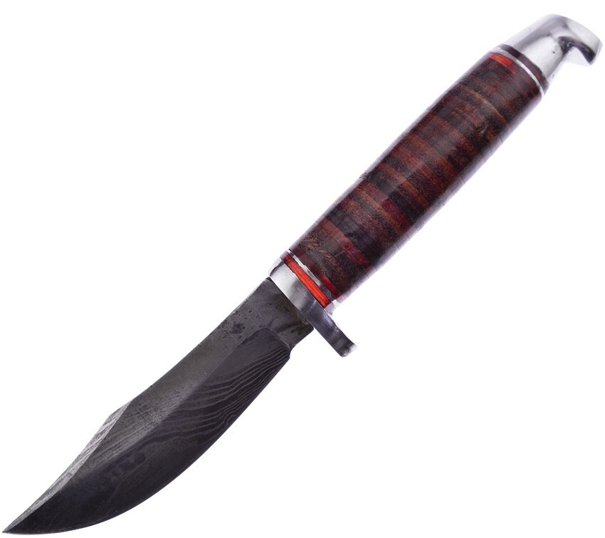 Frost Cutlery Fixed Knife 3.75" Damascus Steel Clip Blade Stacked Leather Handle
