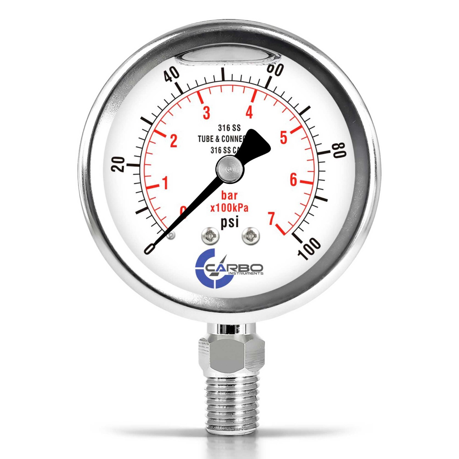 2-1/2" Pressure Gauge, ALL STAINLESS STEEL, Liquid Filled, Lower Mnt, 100 Psi