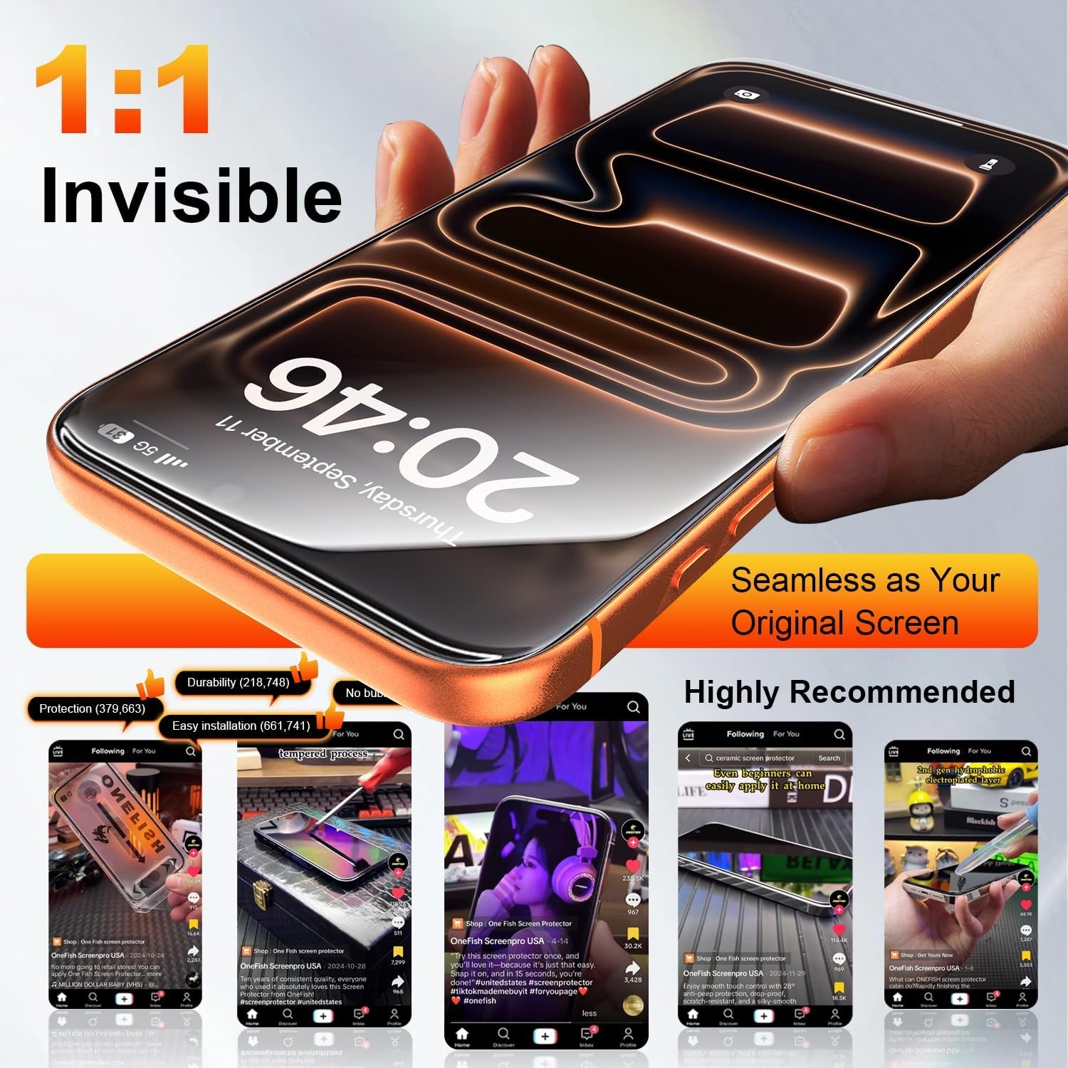 OneFish for iPhone 17 Pro Max Screen Protector 17 Max, HD Clear
