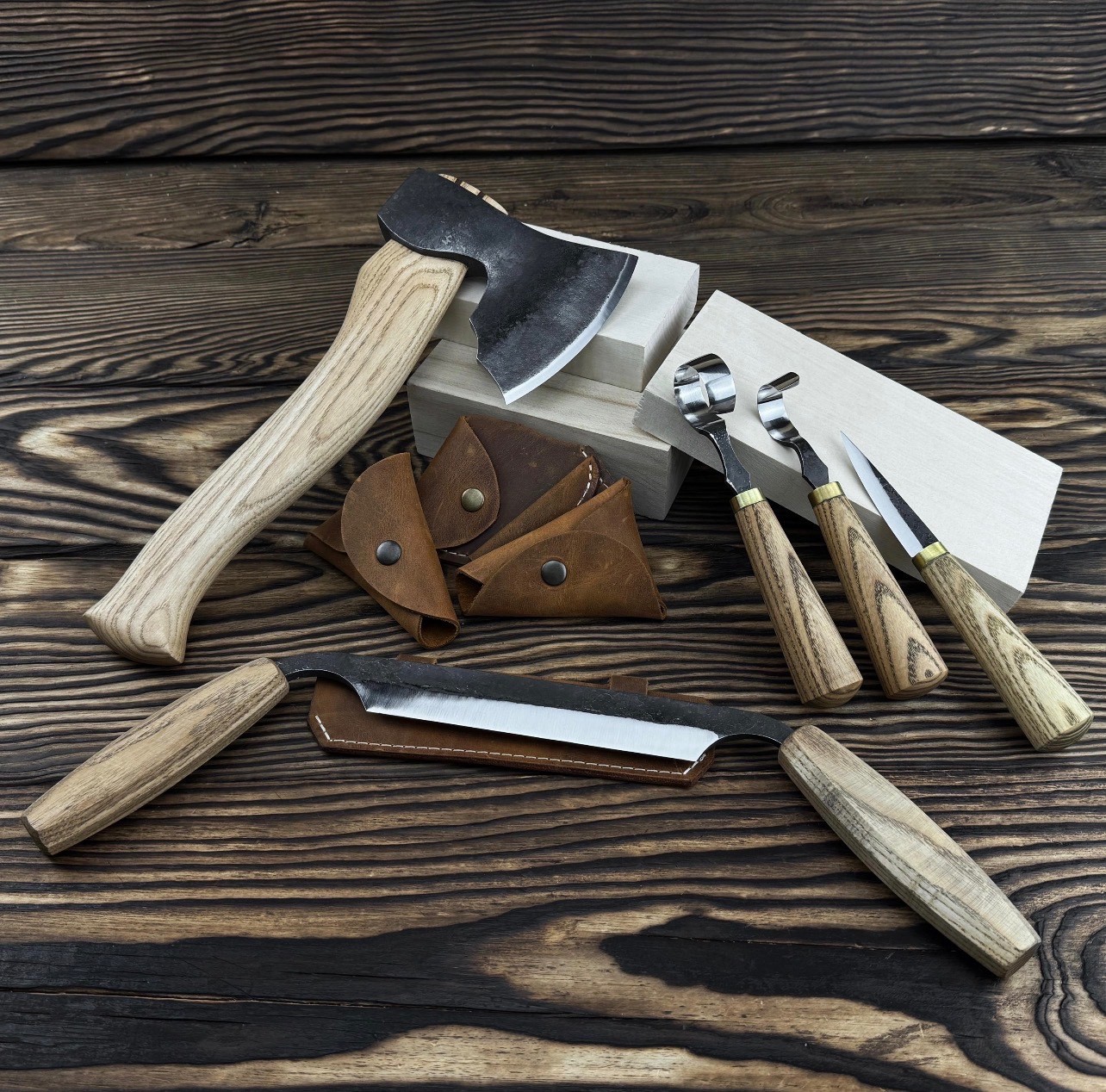 5-Piece Wood Carving Tool Set with Axe, Drawknife & Knives – Hand Forged