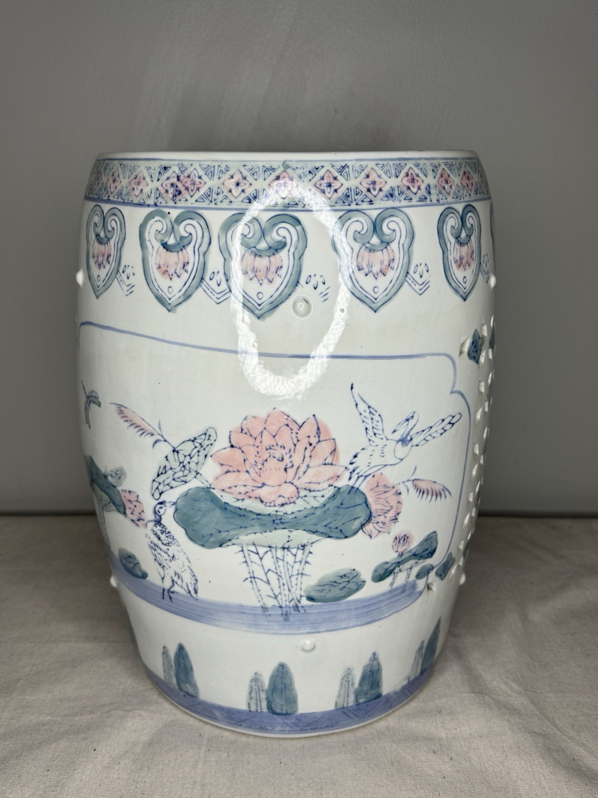 Vintage Ceramic Porcelain Garden Stool Pink Blue Green Lotus Motif Lily Pad Bird