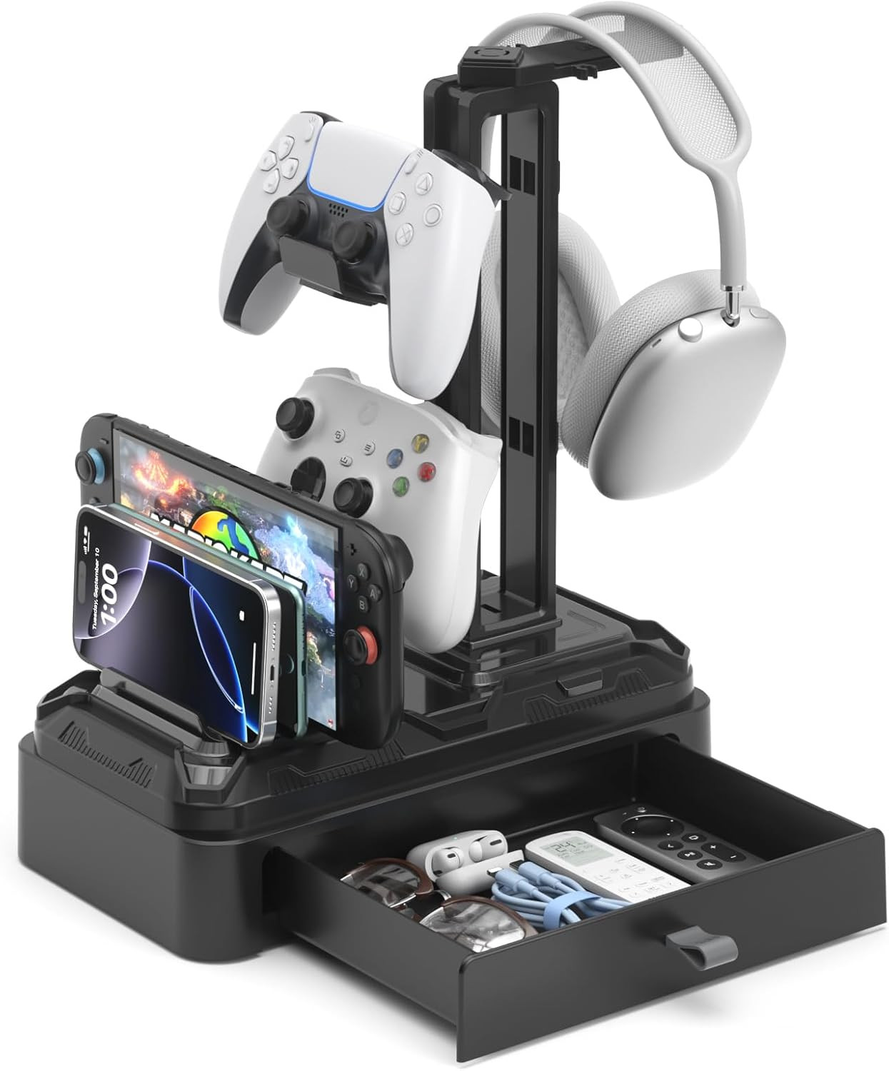 Rotatable Headphone Stand with Drawer & Device Slots for Gaming Accessories