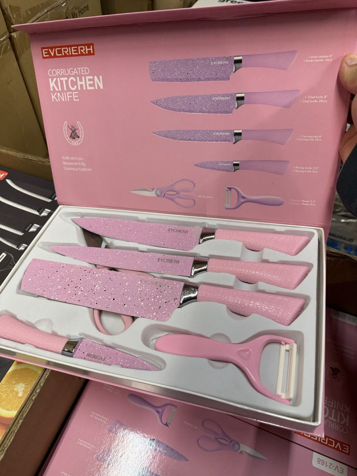 EVCRIERH EV-2168 Pink 6pc Kitchen Knife Set with Scissors & Peeler