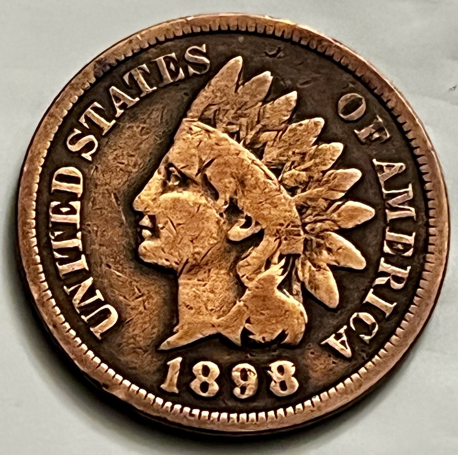 1898 Indian Head Cent Reddish Tint Remaining Sharp Portrait Nice Detail BN1776