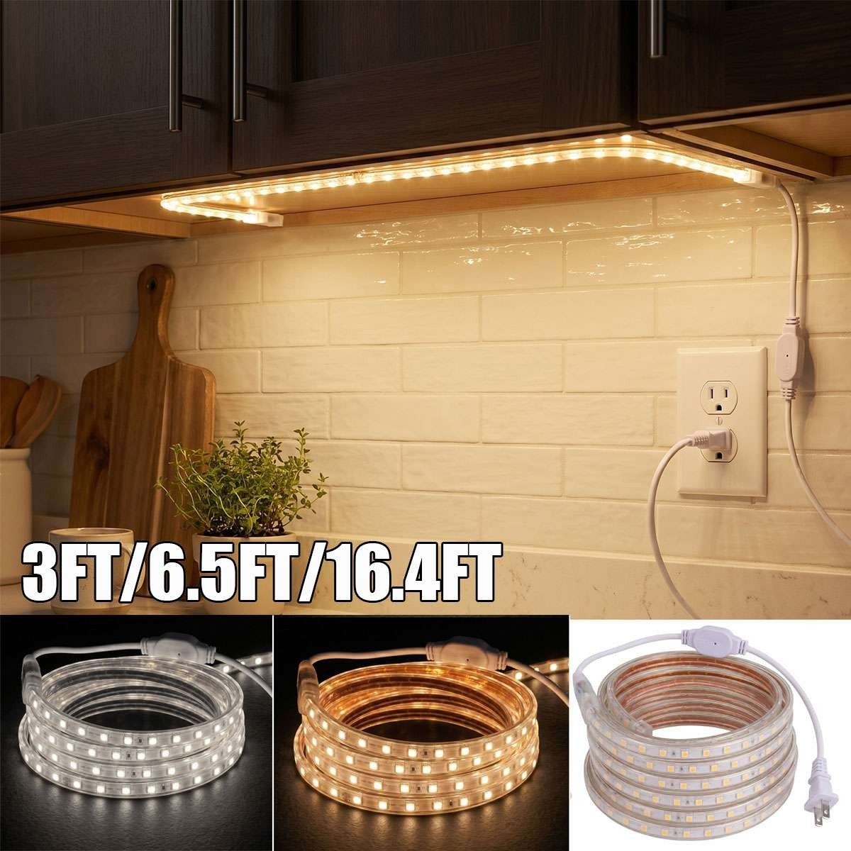 3/6.5/16.4FT LED Strip Light Flexible Tape Home Outdoor Lighting Rope + US Plug