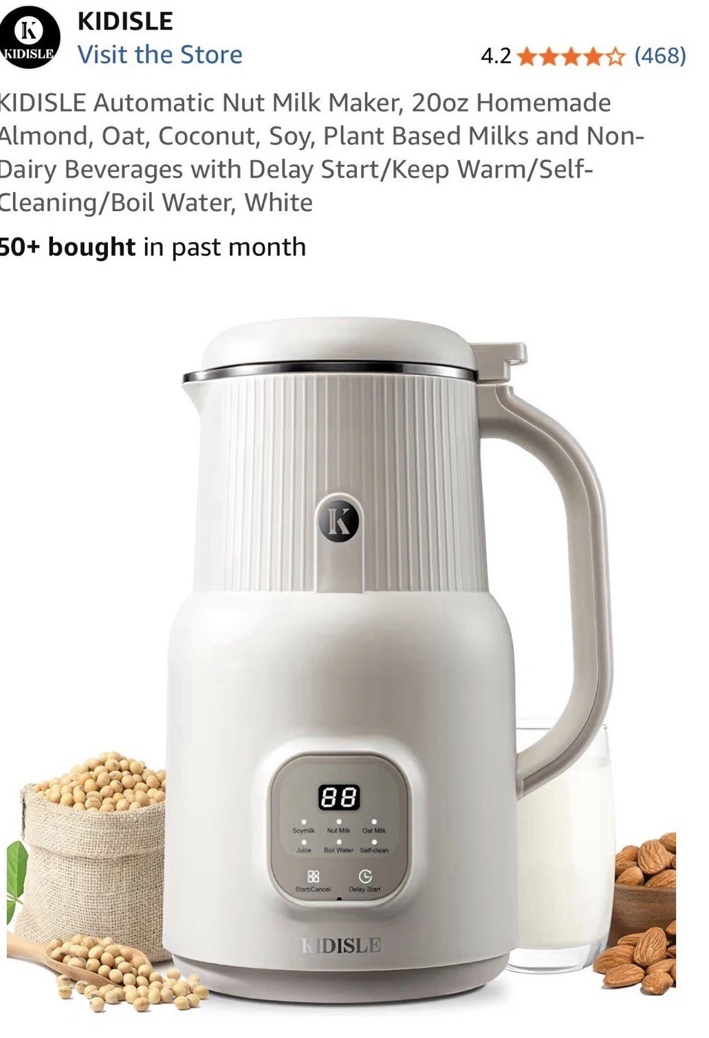 KIDISLE Automatic Nut Milk Maker 20oz Almond Oat Soy Coconut Milk Machine White