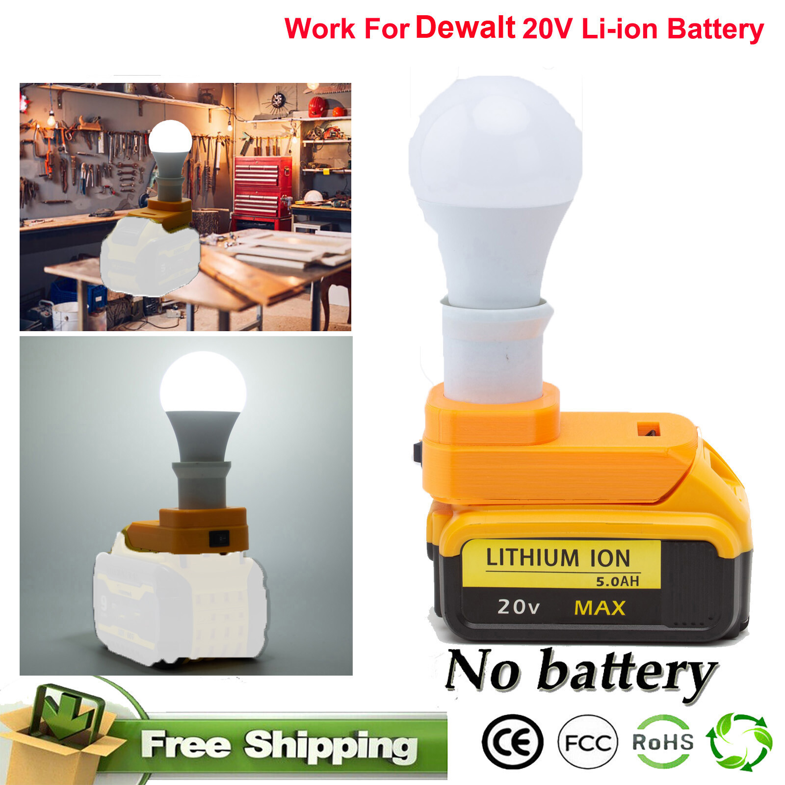 Portable E27 Bulb Lamp LED Work Light For Dewalt 20V MAX Series Lithium Battery