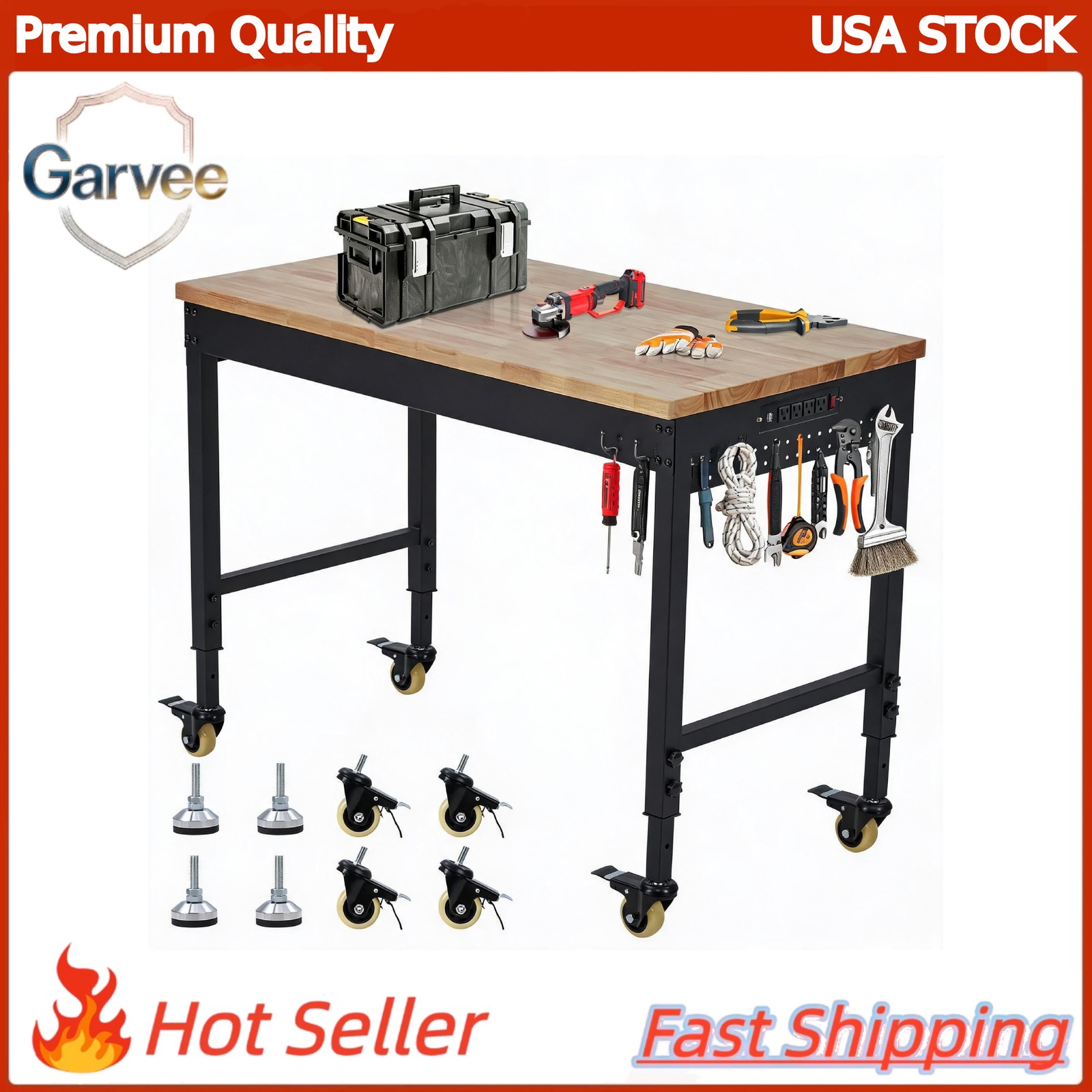 Adjustable Heavy Duty Workbench 72" 2000 LBS Rubber Wood with Pegboard Power Out