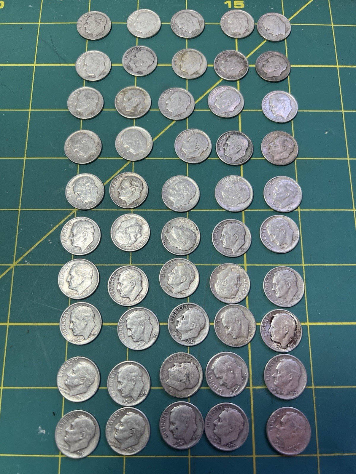 90% Silver Roosevelt Dimes. Roll of 50, Assortment of 1950's Dates