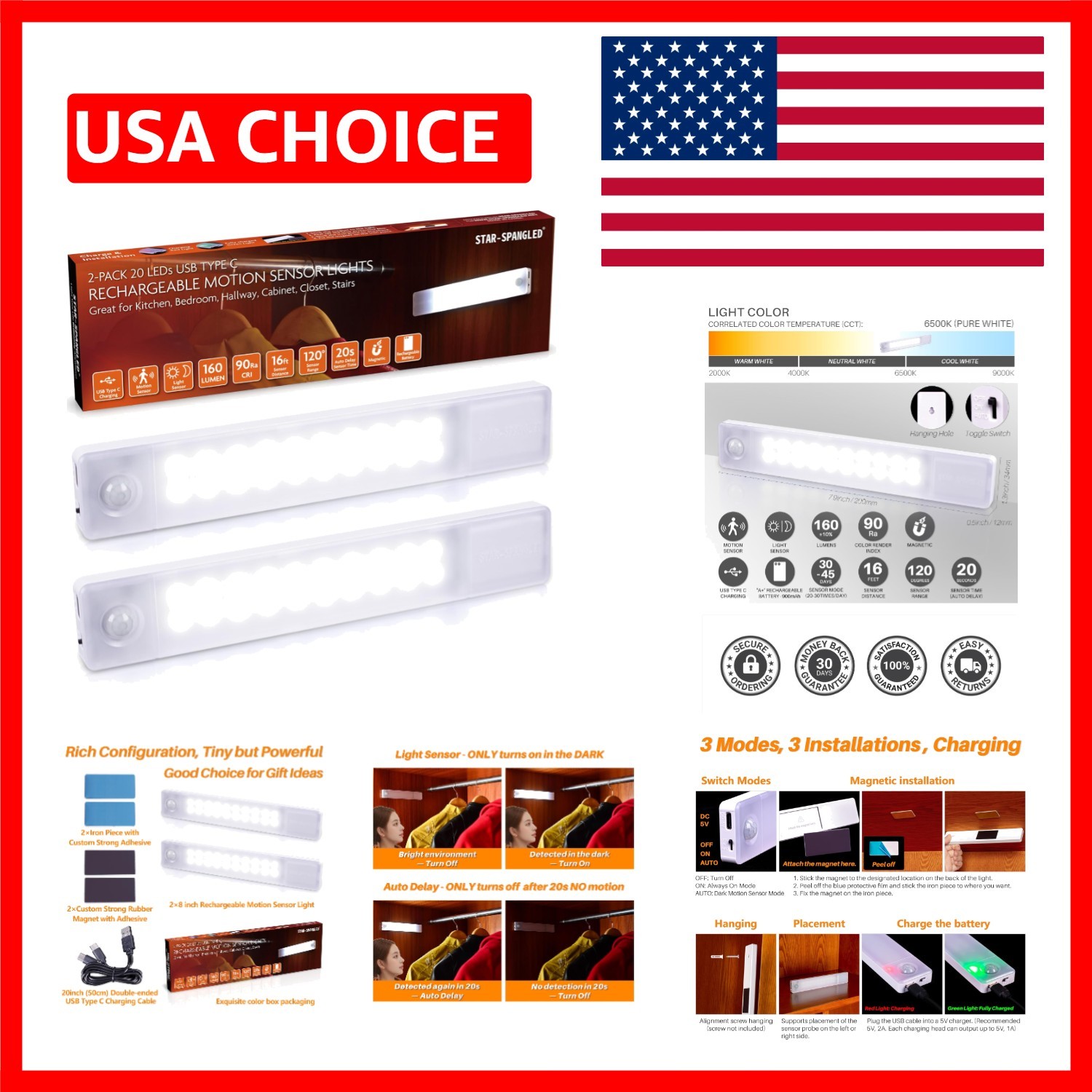 Elegantly Designed 8-Inch Rechargeable Motion Sensor Under Cabinet Lights - 2...