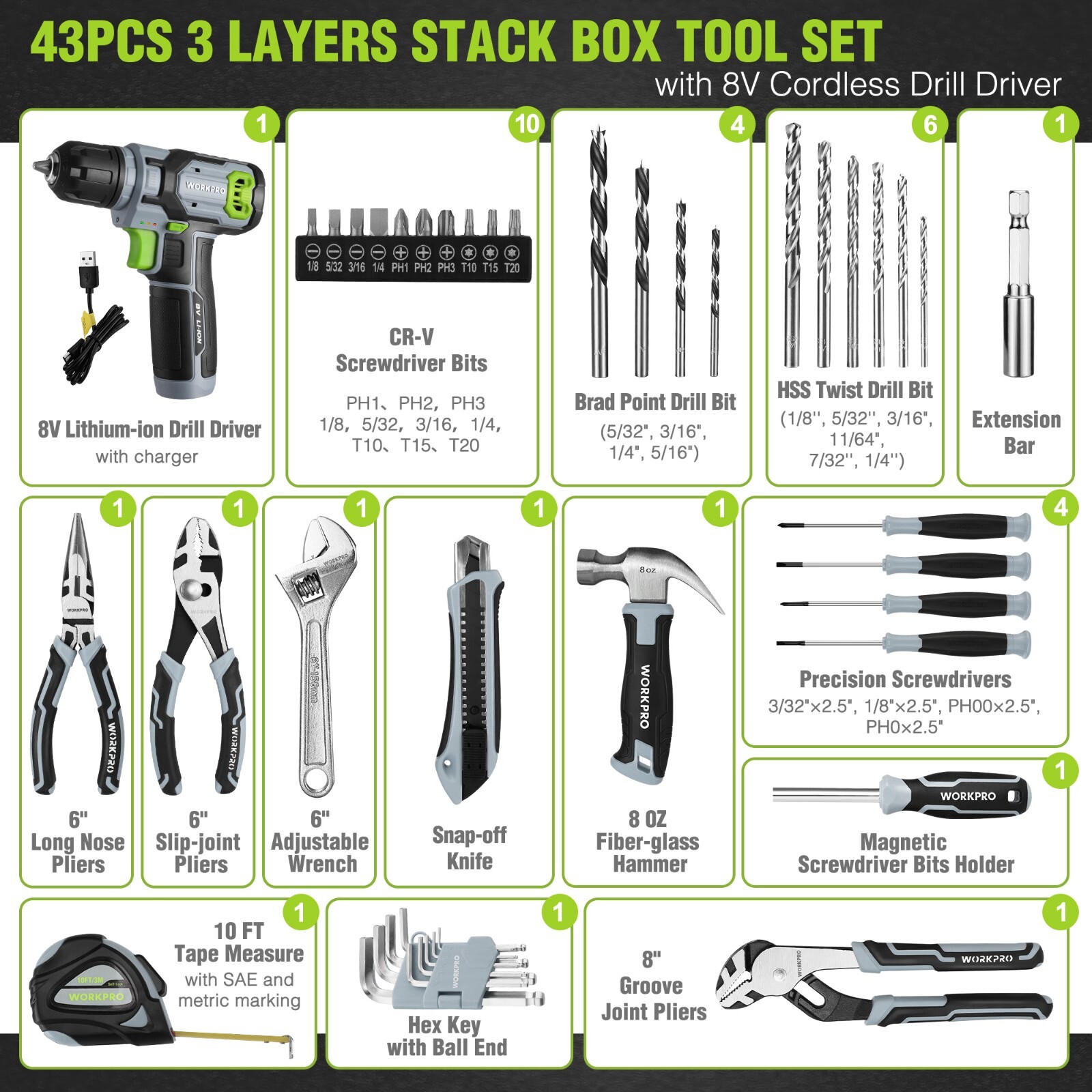 WORKPRO 43PCS Cordless Lithium-ion Drill Driver and Toolbox, 8V 2.0 Ah Power