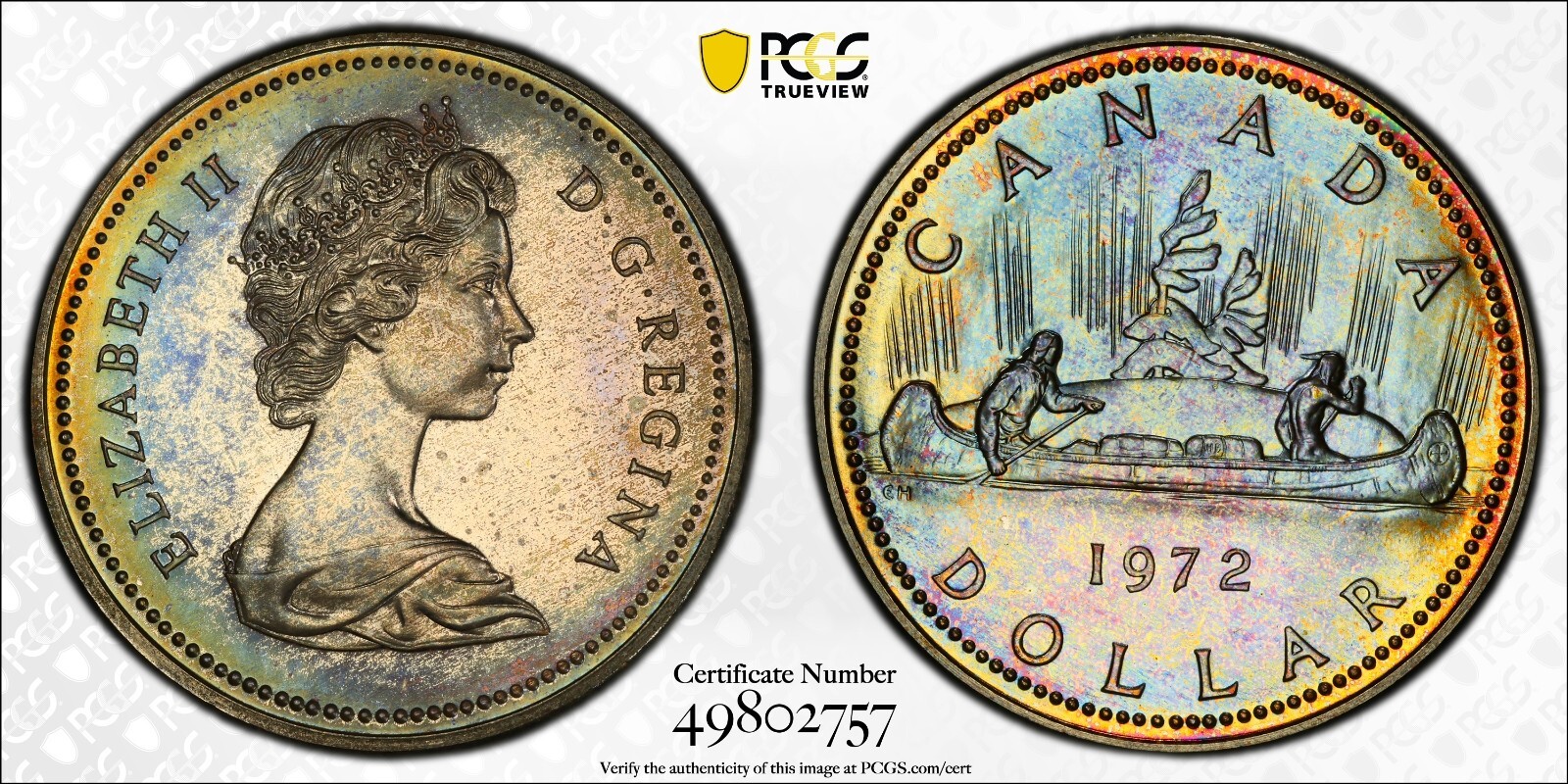 SP66 1972 Canada Voyageur Silver Dollar, PCGS Trueview- Rainbow Toned