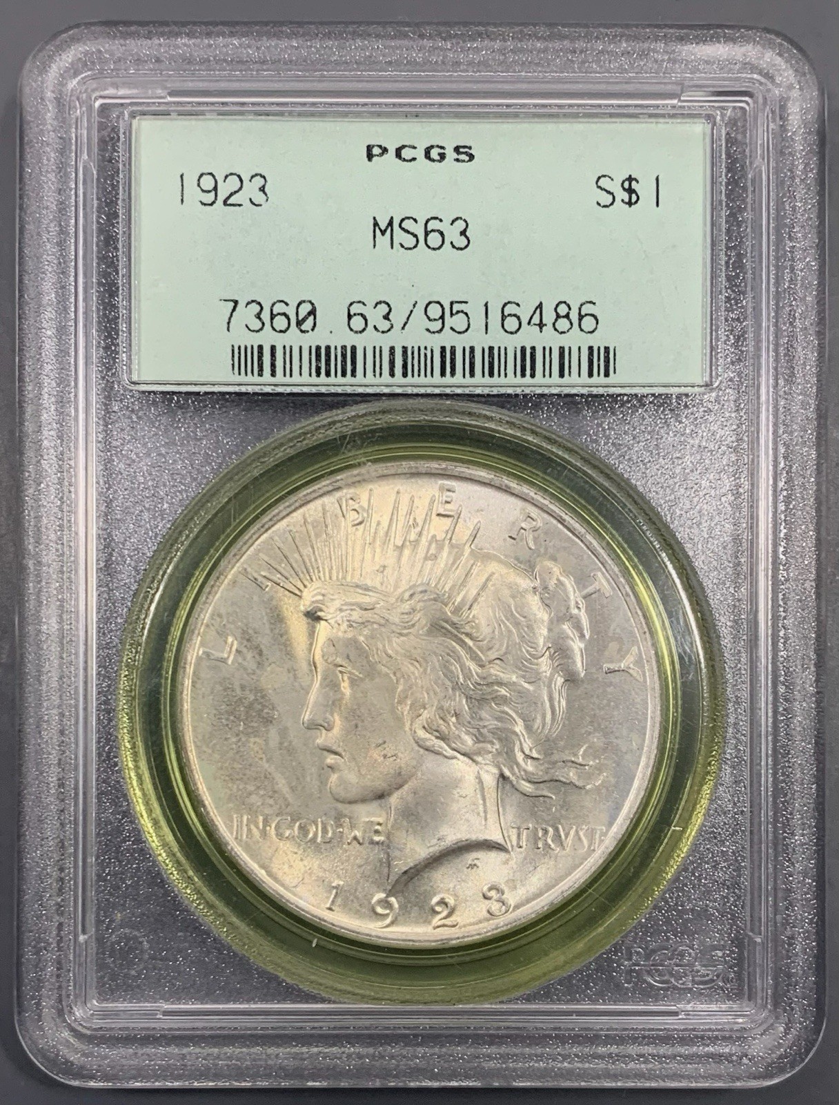 1923 PCGS MS63 Peace Silver Dollar $1 - Lustrous Old Green Holder