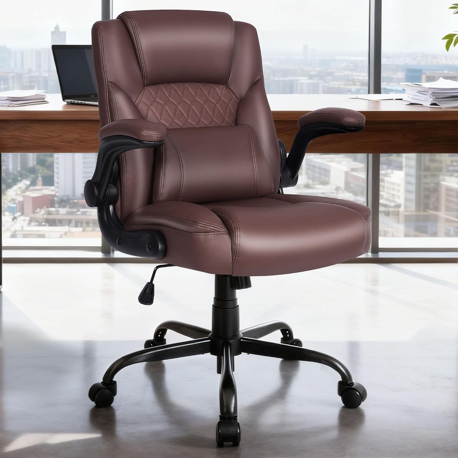 Home Office Chair W/ Lumbar Support 5" Thickened Seat Small PU Leather Rocking