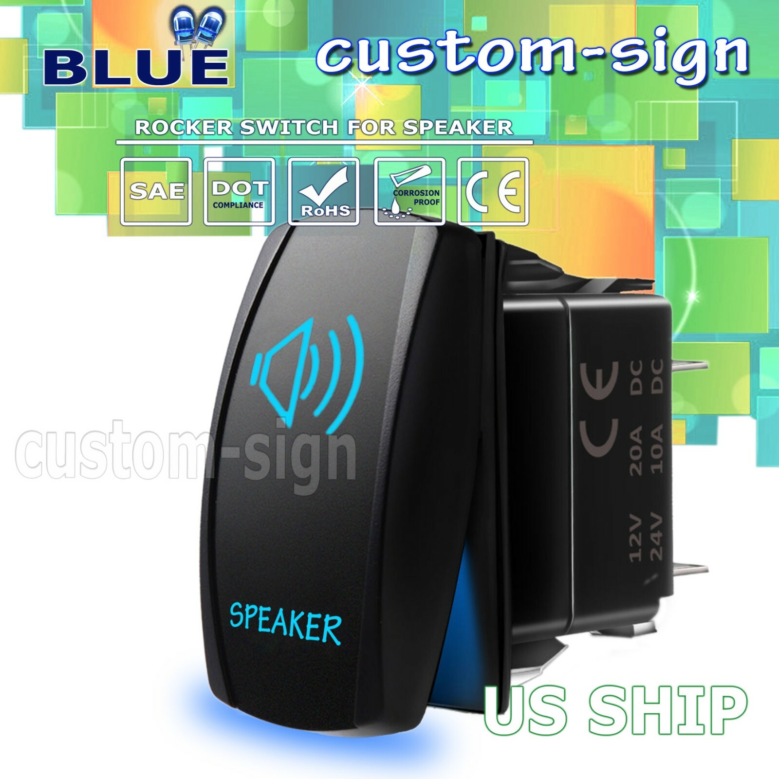 BLUE 2 POSITION LASER ETCHED ROCKER SWITCH SPEAKER UTV BOAT TRUCK
