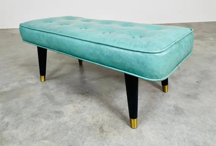 Vintage Mid-Century Milo Baughman Style Turquoise Tufted Bench