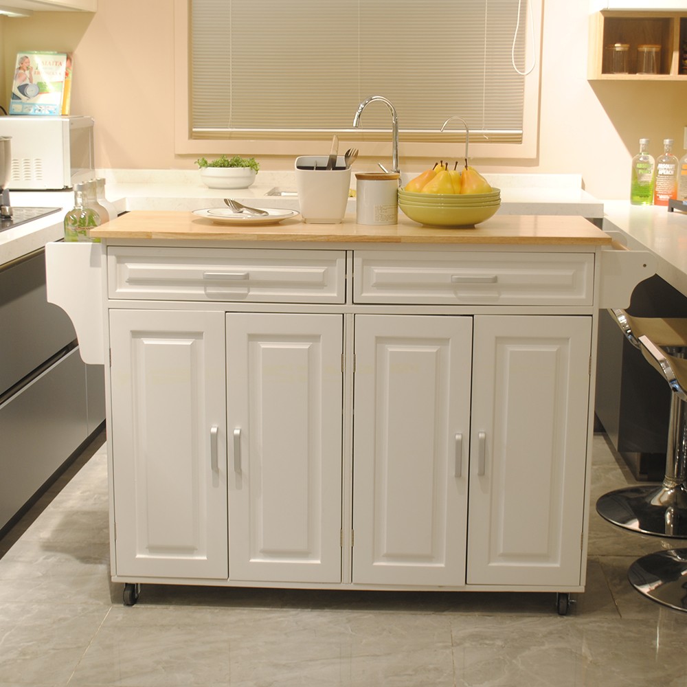 Kitchen Cart Kitchen Island with Rubber Wood Top Adjustable Shelf Inside Cabinet