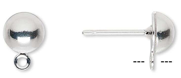 Earstud, Silver Plated 8mm Half Ball Earring Post with Closed Loop