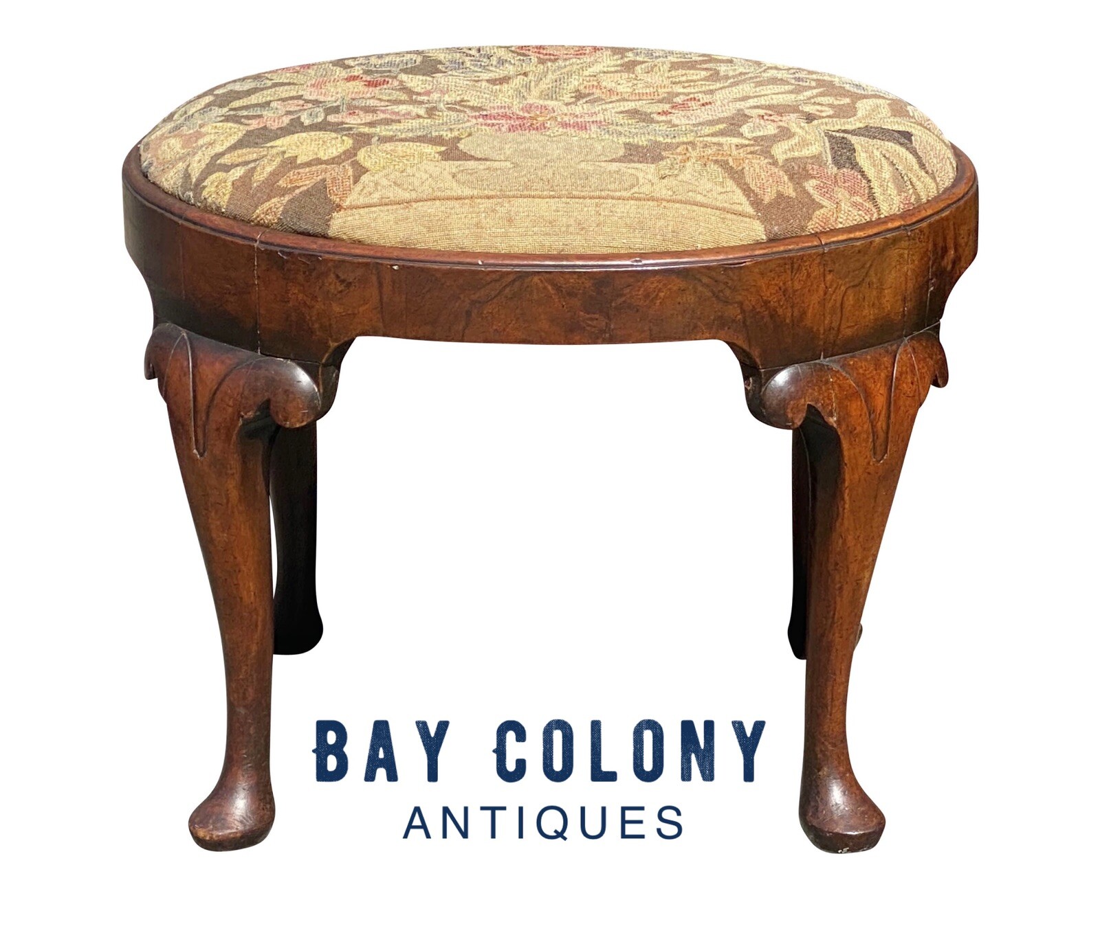 18TH C ANTIQUE QUEEN ANNE WALNUT FOOTSTOOL WITH NEEDLEPOINT SEAT