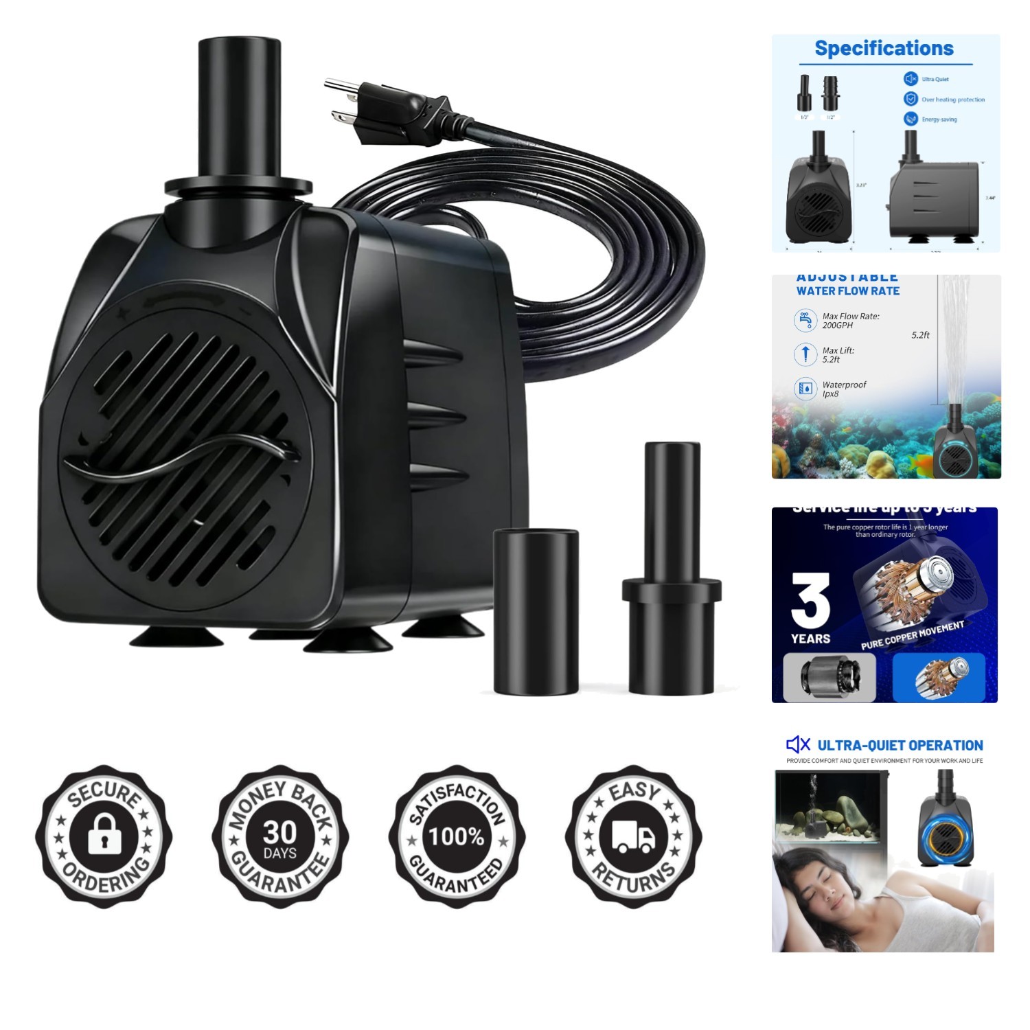 Versatile 200GPH Submersible Pump - Ultra Quiet for Fish Tanks & Fountains