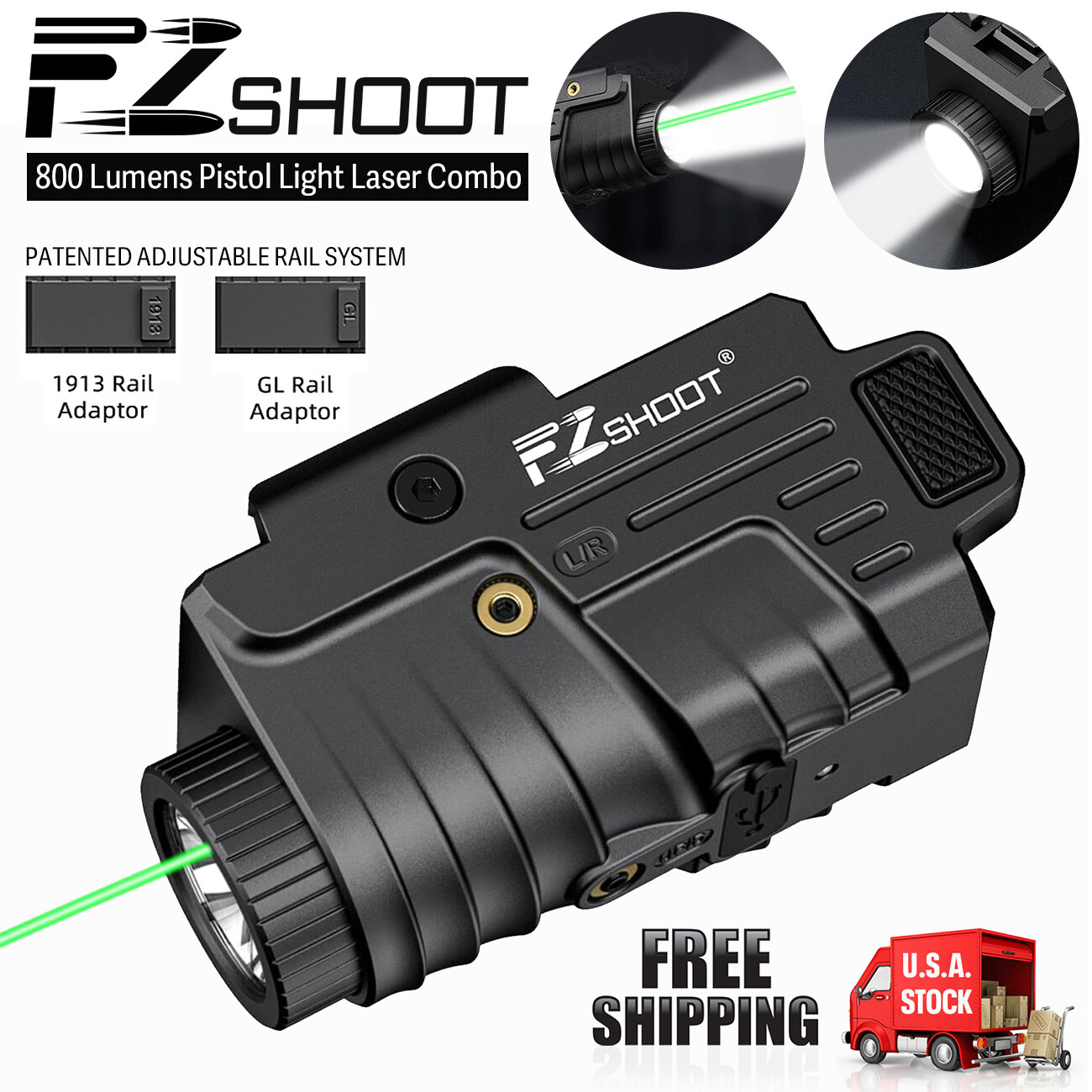 800 Lumens LED Flashlight & Green Laser Sight For 1913 Picatinny & GL Dual Rail